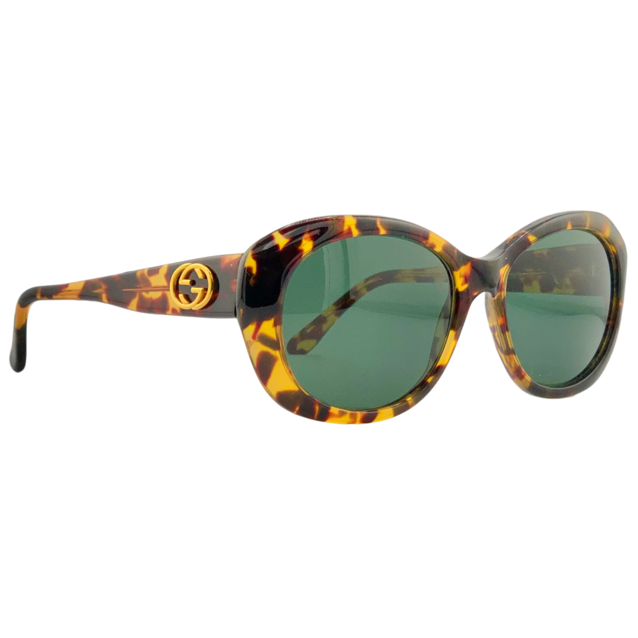 Authentic vintage Gucci round 2171/N/S sunglasses for women, in tort frame with green lenses, made in Italy, never before worn or sold, in excellent condition