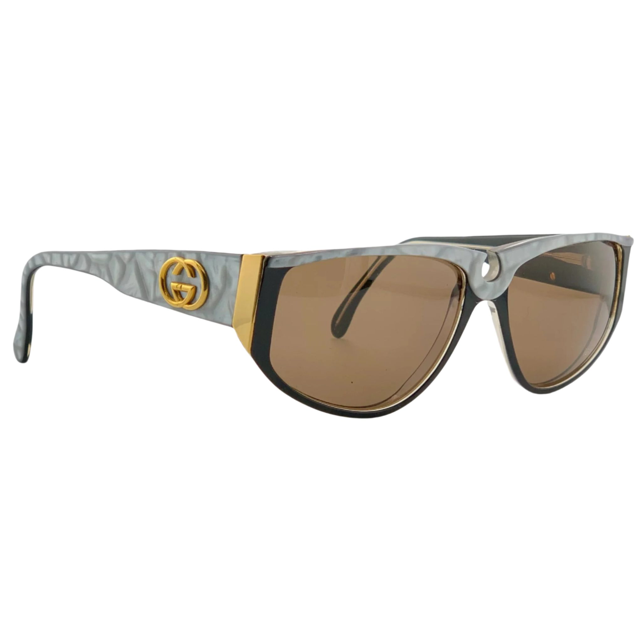 Stylish vintage Gucci Cat Eye 2109/S sunglasses for women with black/grey frame and brown lenses, made in Italy, never before worn, and in excellent condition, selling an original