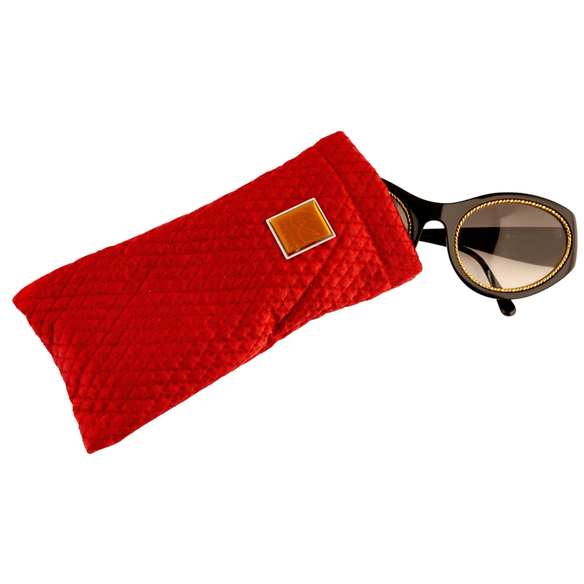 Women's original vintage Christian Lacroix Cat Eye 7390 90 sunglasses in black and gold frame with brown lenses, never before worn or sold, in superb condition