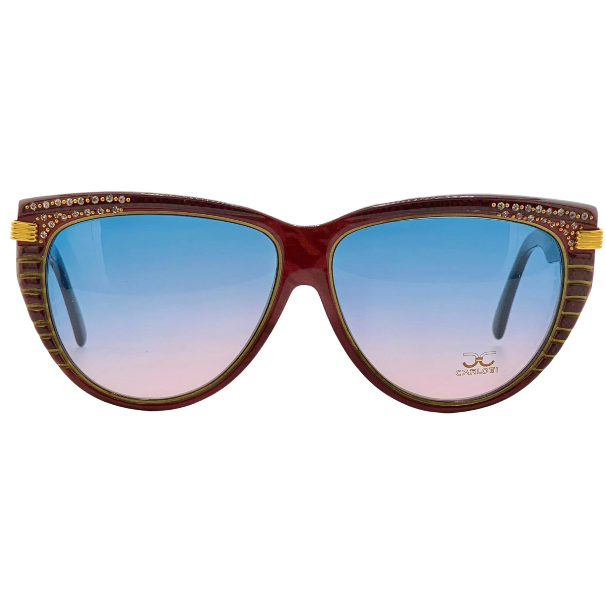 Vintage red and gold Claudia Carlotti cat eye sunglasses for men and women, with blue and pink gradient lenses, hand made in France and in superb condition