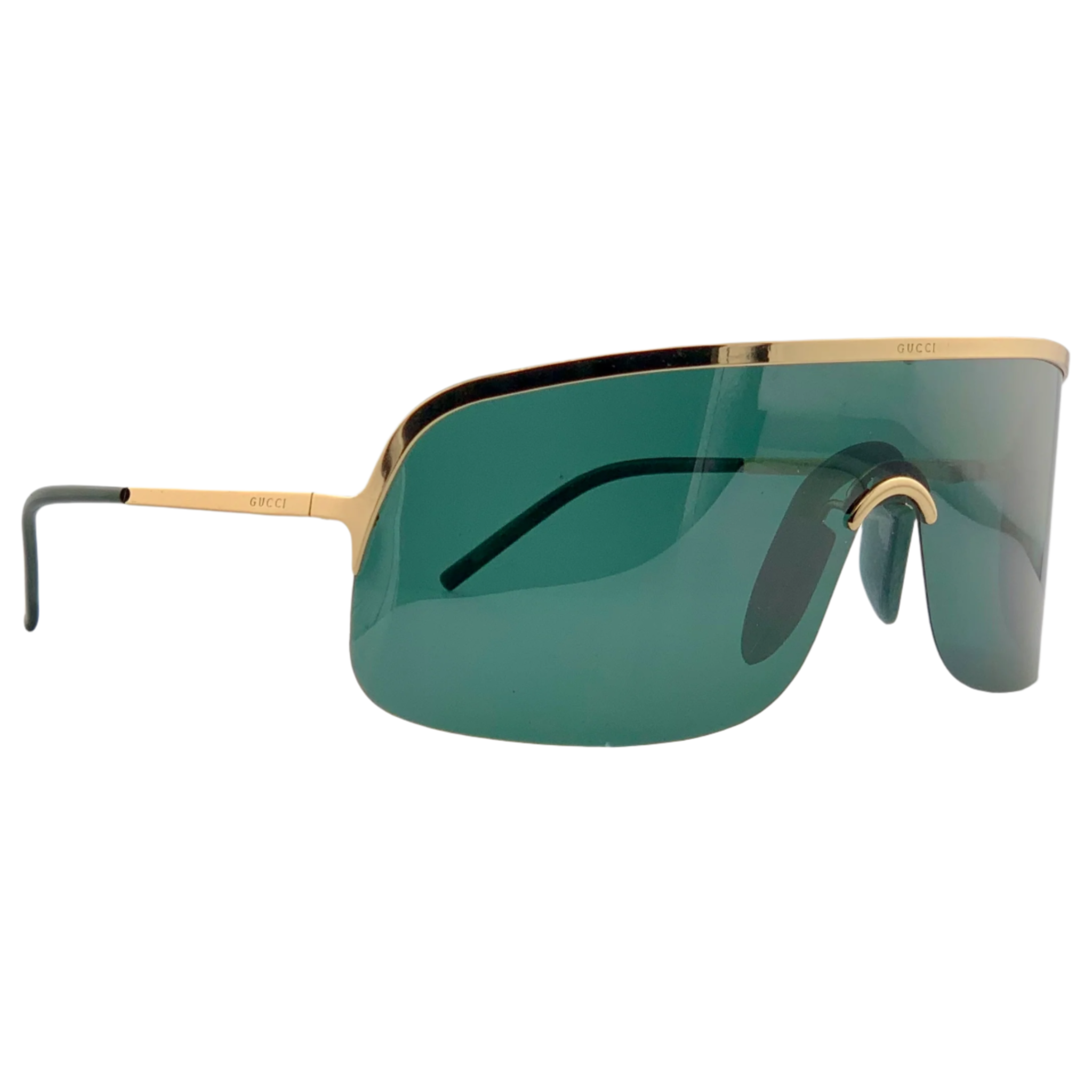 Authentic Vintage Gucci Visor 1651/S sunglasses, suitable for both women and men, with a gold frame, green lenses, made in Italy, and in pristine condition, never worn or sold