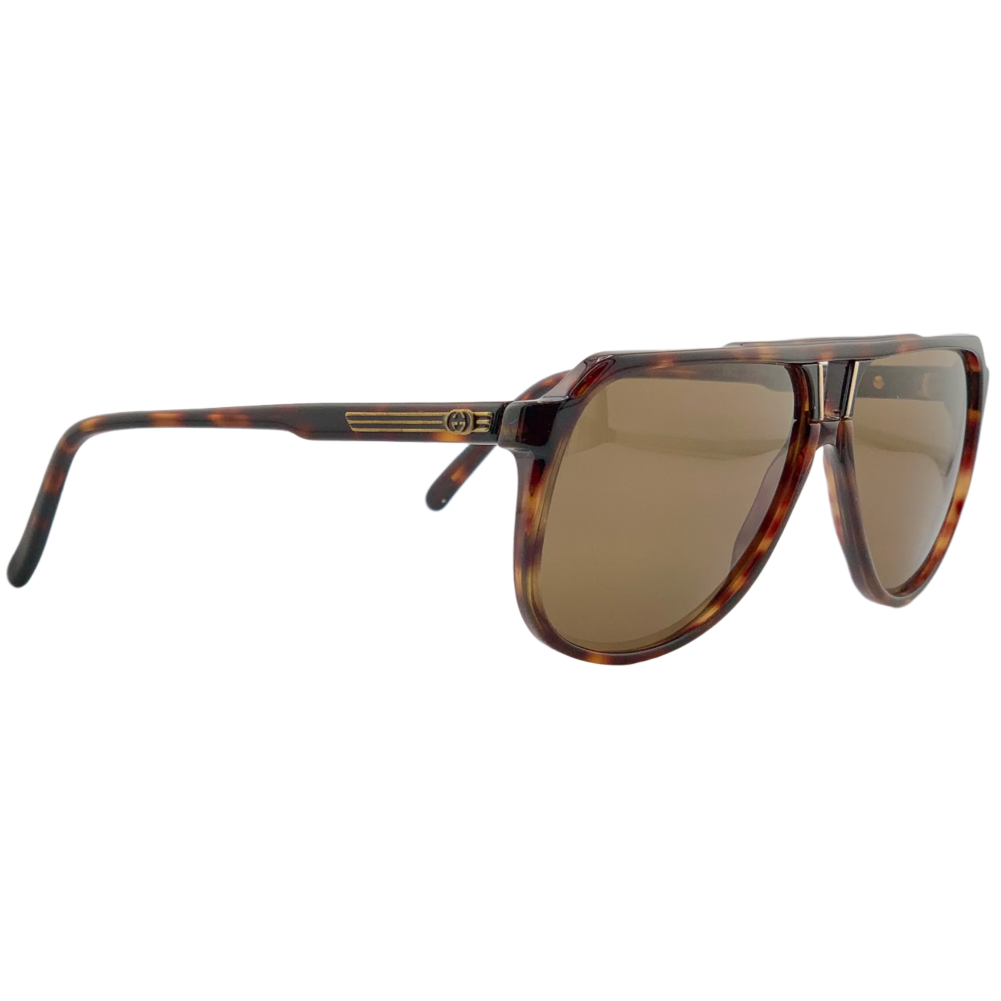 Original vintage Gucci aviator sunglasses, made for men and women with tort frame and brown lens, in pristine condition and never worn or sold, guaranteeing authenticity