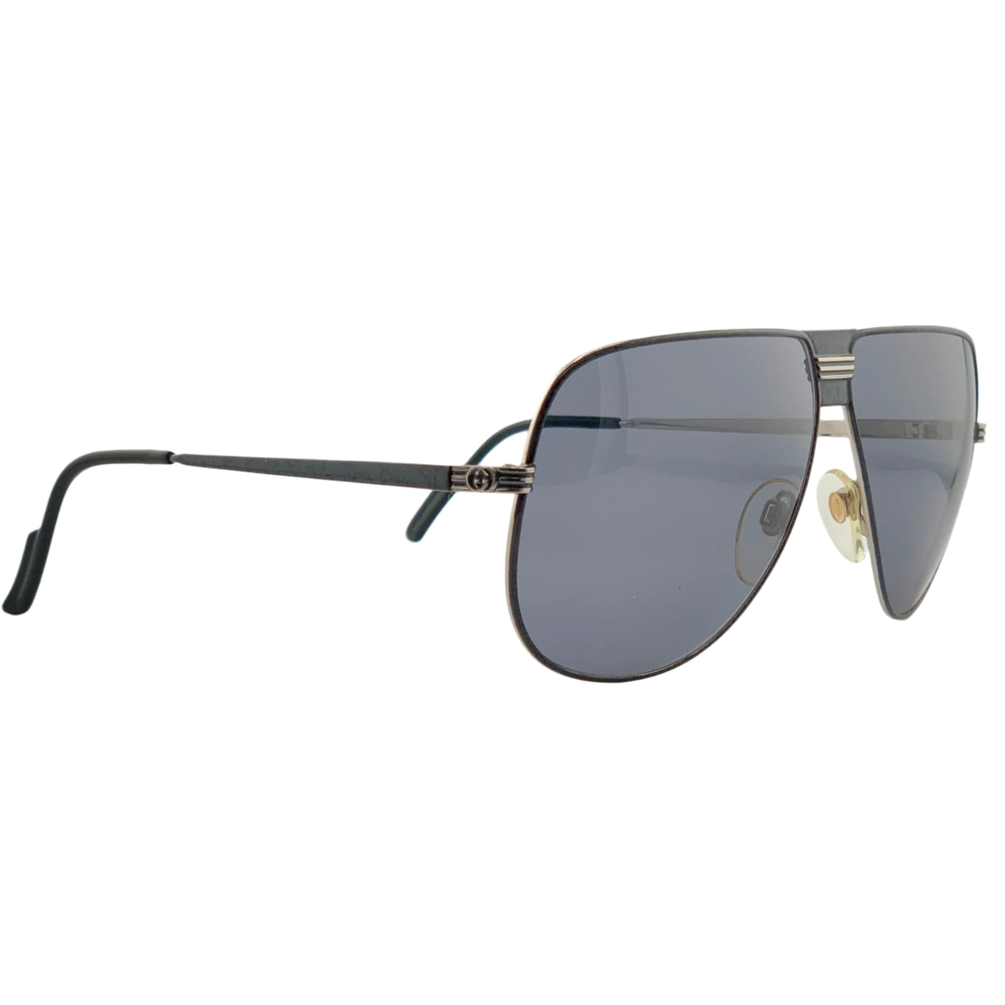 Original vintage Gucci aviator sunglasses, never worn or sold, with gunmetal frame, grey lens, and made in Italy