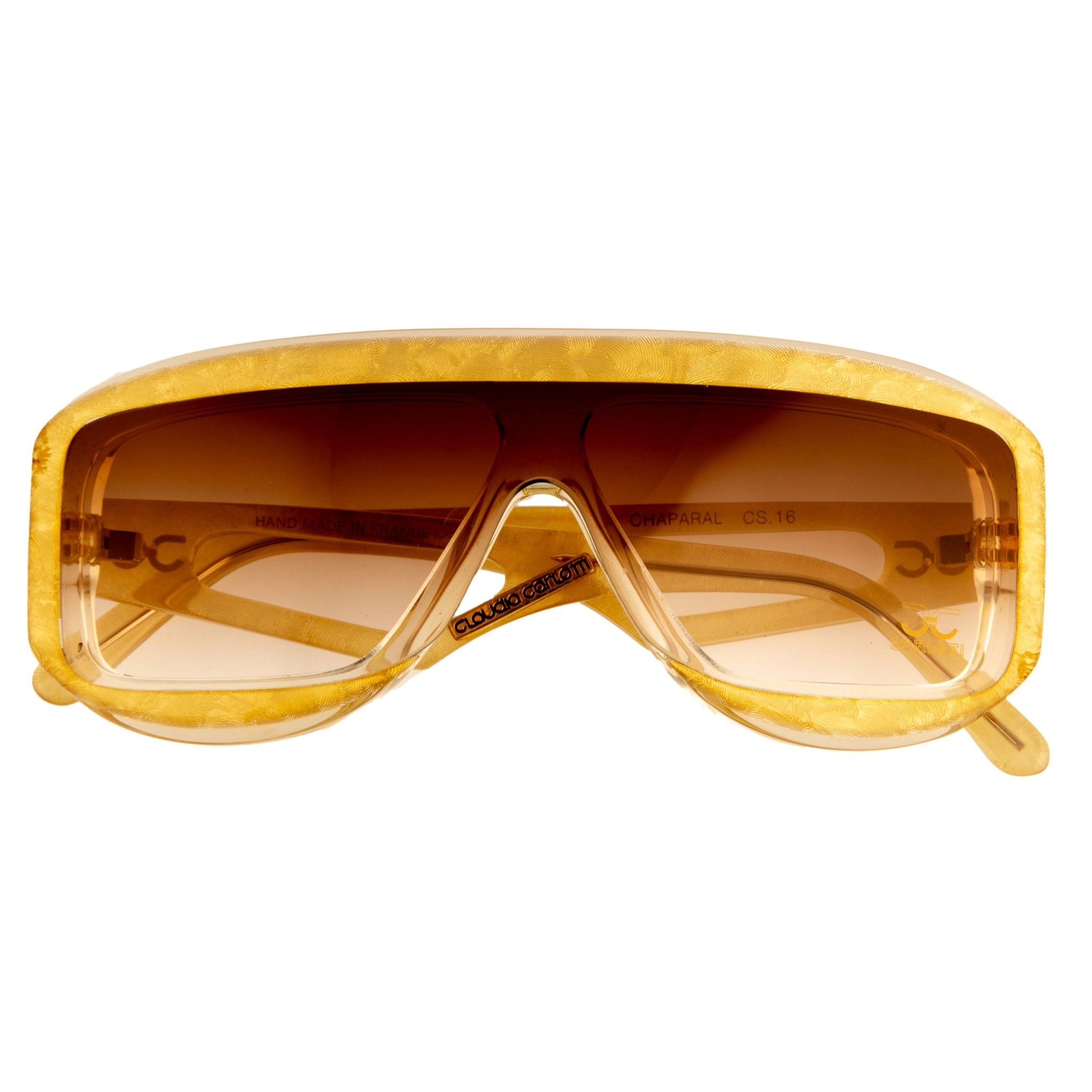 Unisex vintage Claudia Carlotti flat brow sunglasses in black/gold, brown lenses, handcrafted in France, never before worn or sold, in superb condition and authentic