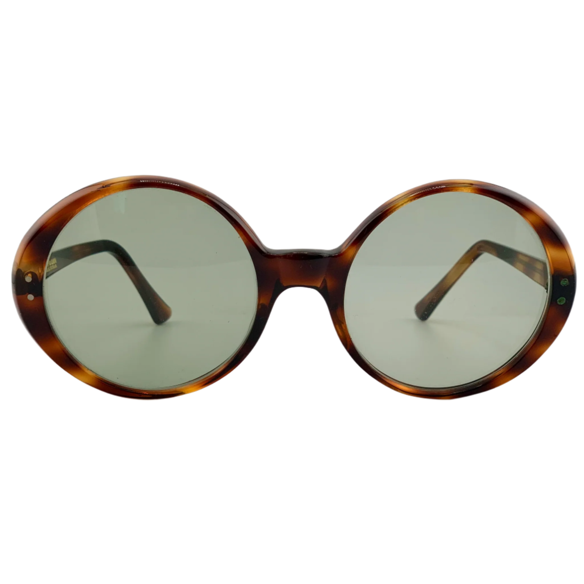 Vintage Oliver Goldsmith Round sunglasses with brown frame and green lenses, suitable for men and women