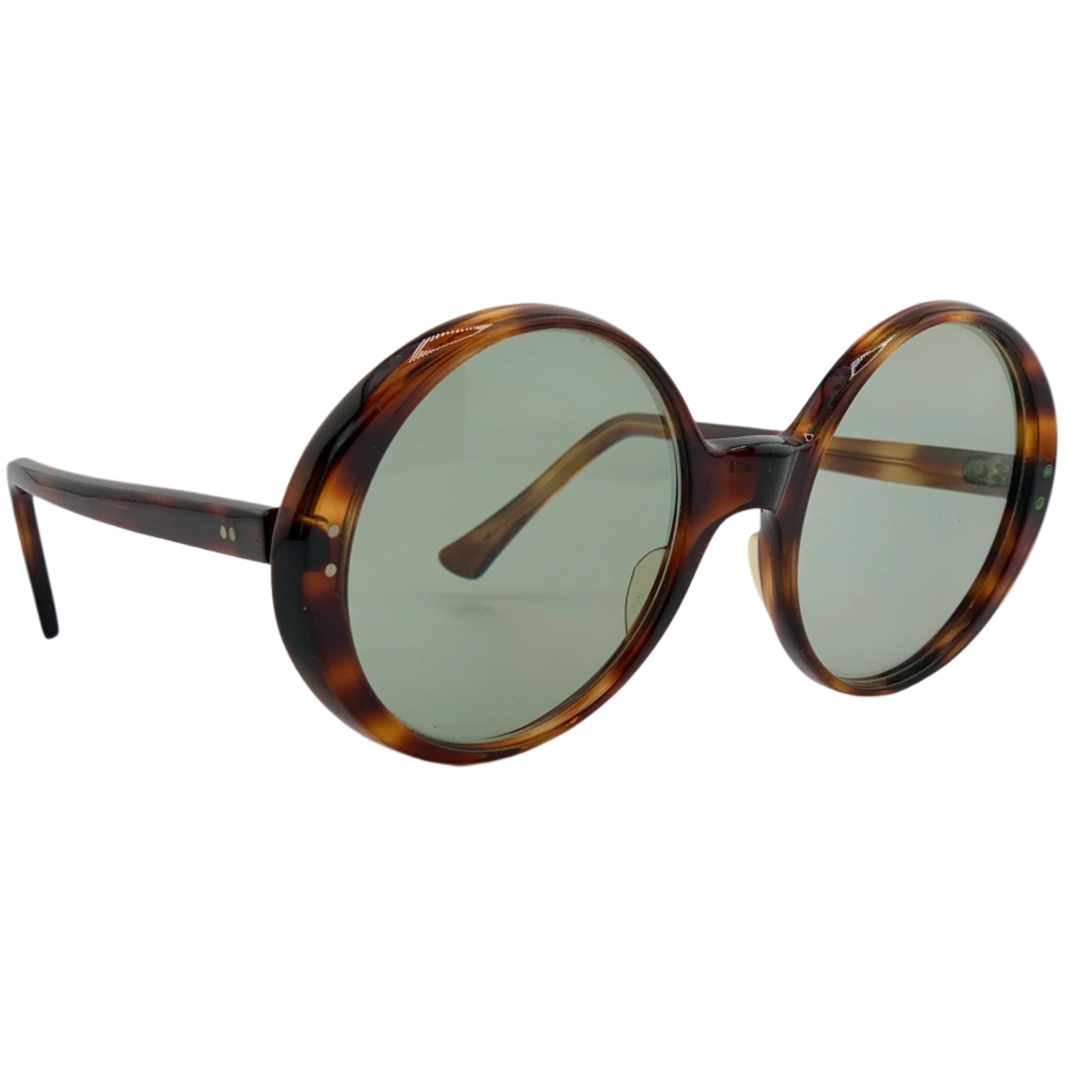 Original Oliver Goldsmith Round sunglasses featuring a classic brown frame and vibrant green lenses, made in England
