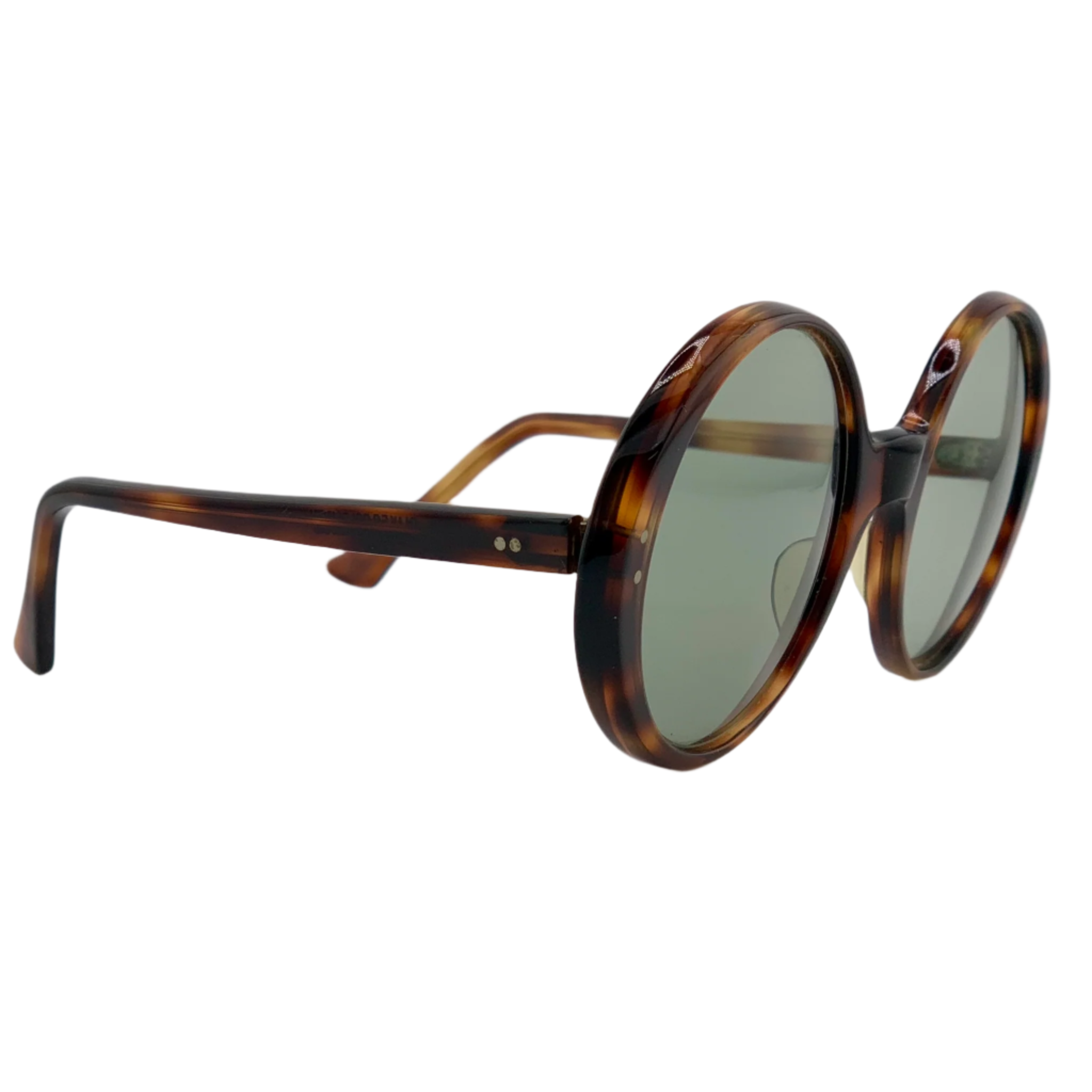 Unworn and authentic Oliver Goldsmith Round sunglasses with vintage styling, green lenses, and a brown frame, crafted in England