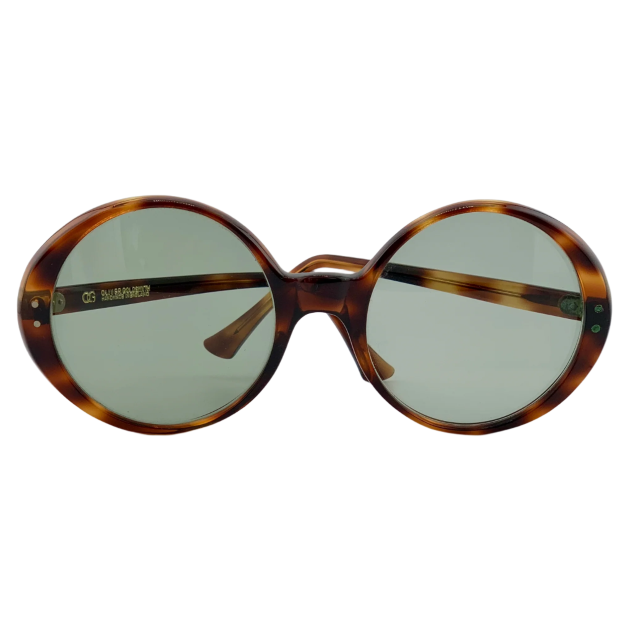 Rare vintage Oliver Goldsmith Round sunglasses with a brown frame and green lenses, never before worn or sold, authentic and made in England