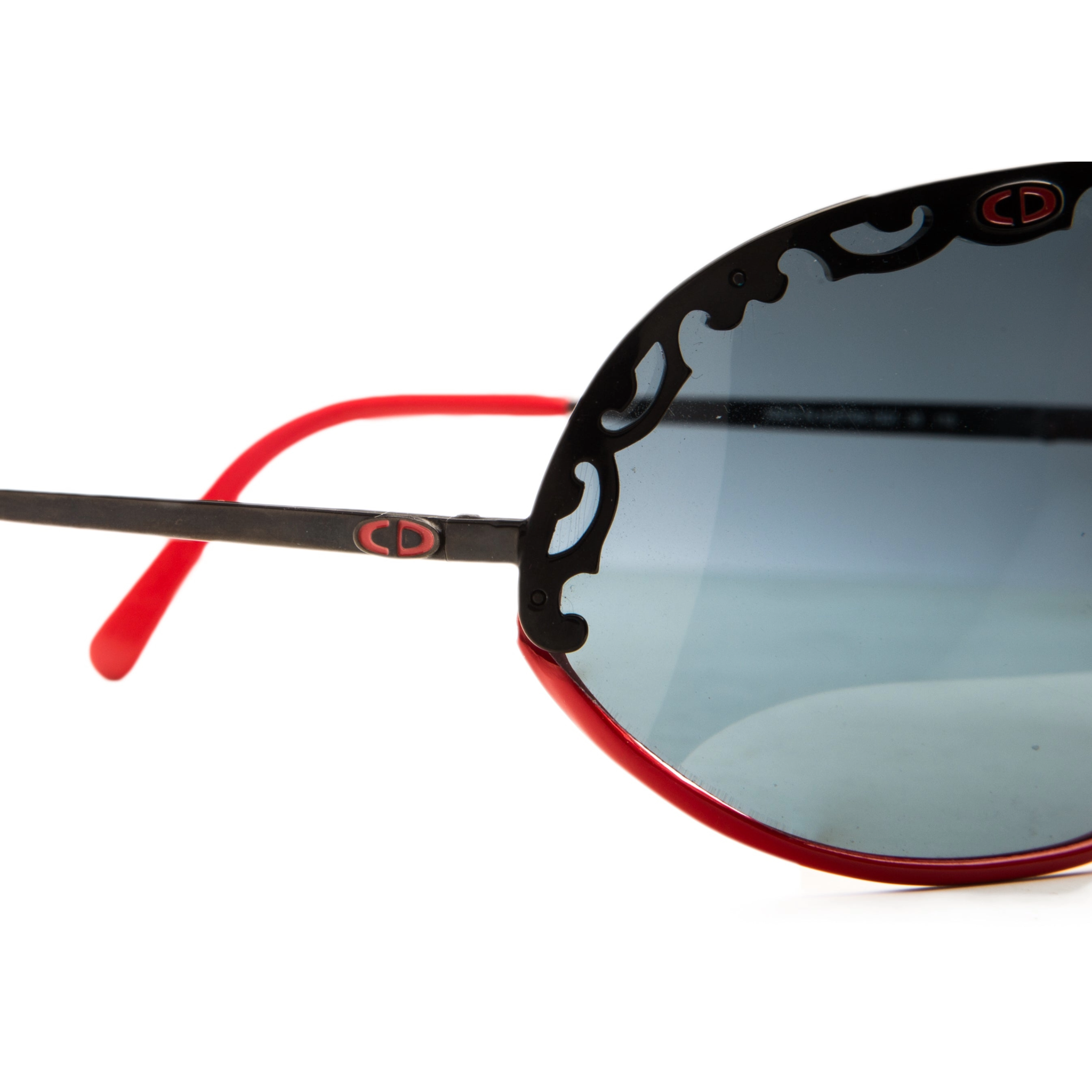 Original vintage Christian Dior Visor sunglasses for women featuring red and black embellished frame and black smoke lens with 100% UV protection