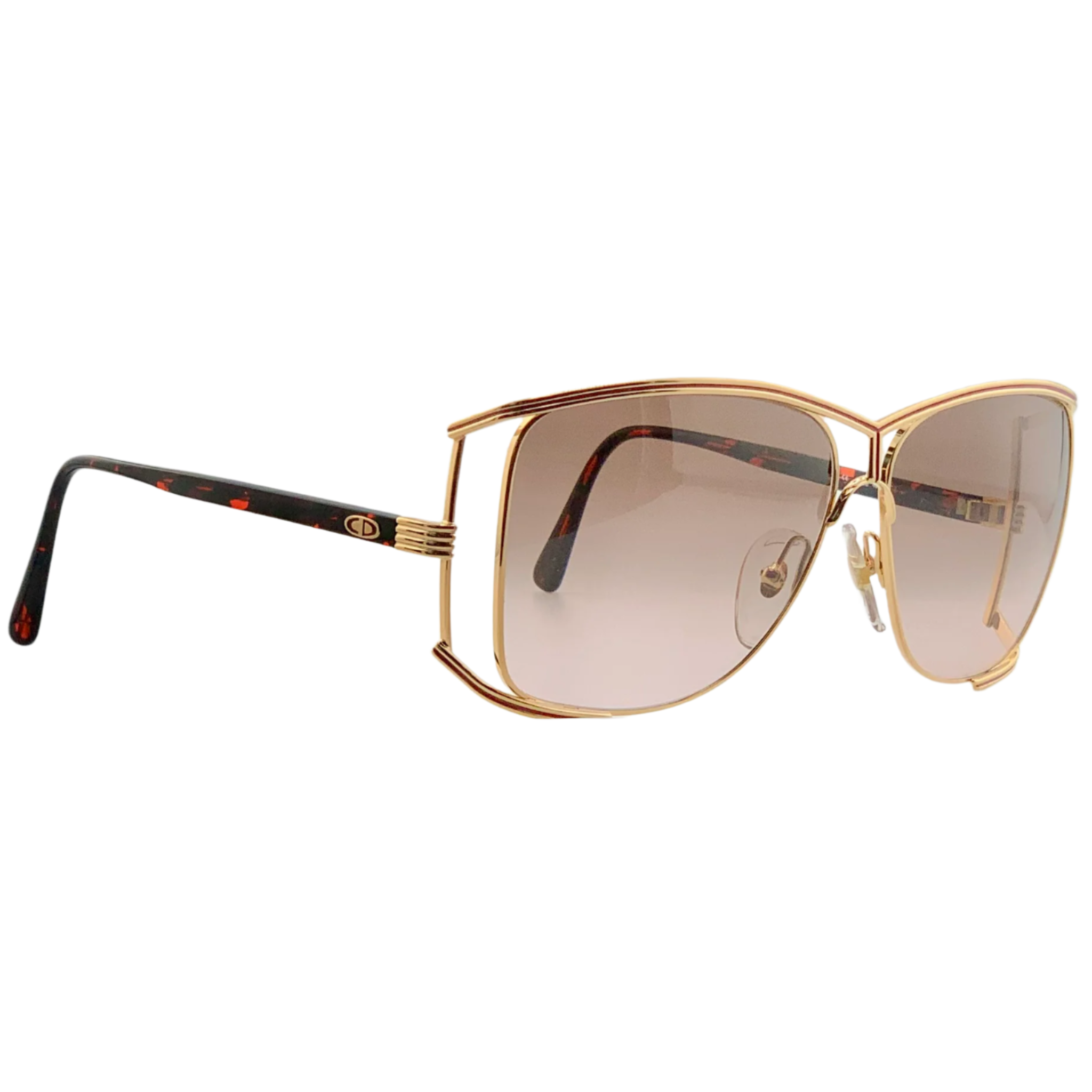 Authentic vintage Christian Dior Square 2688 43 sunglasses for women with tortoiseshell, gold, and red frames, brown lenses, made in Germany, in perfect condition, never worn or sold