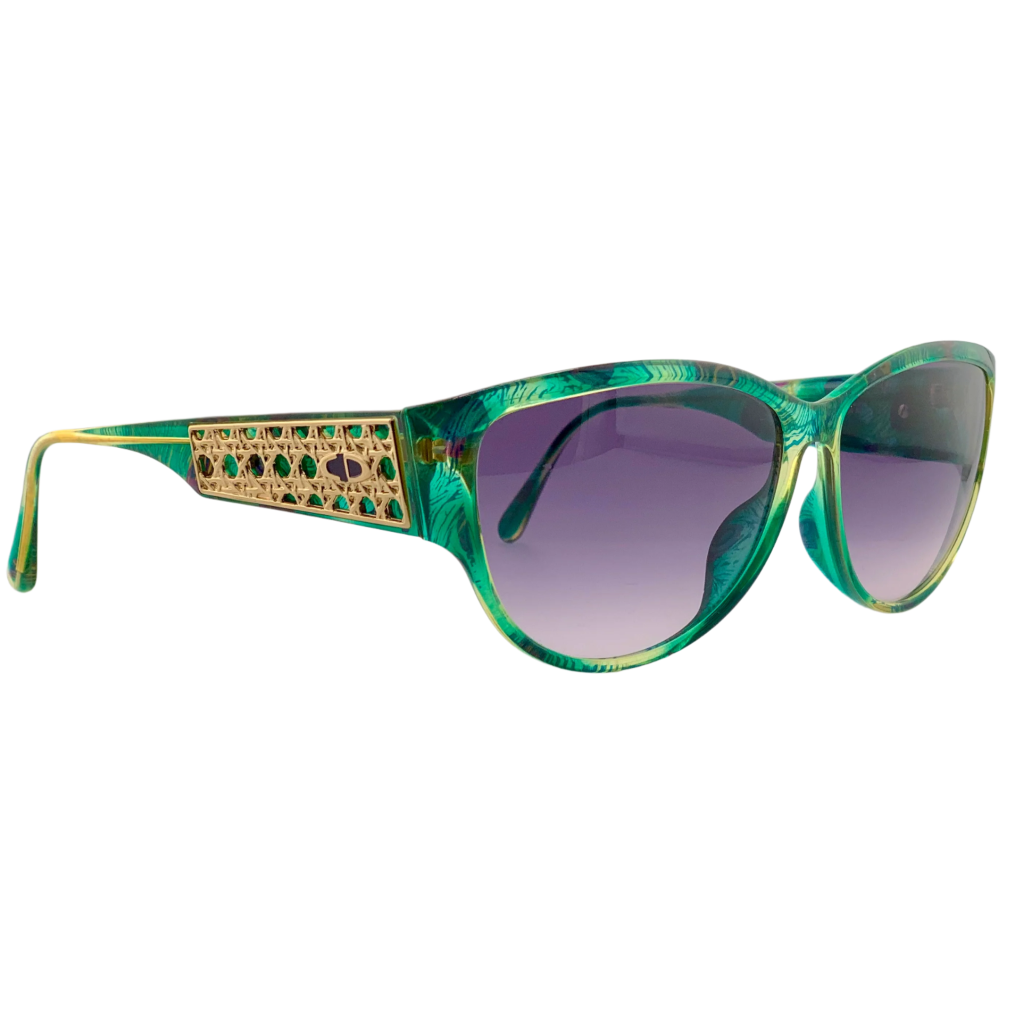 Women's vintage Christian Dior Cat Eye 2764A 59 sunglasses with green frame and purple grad lens, made in Austria