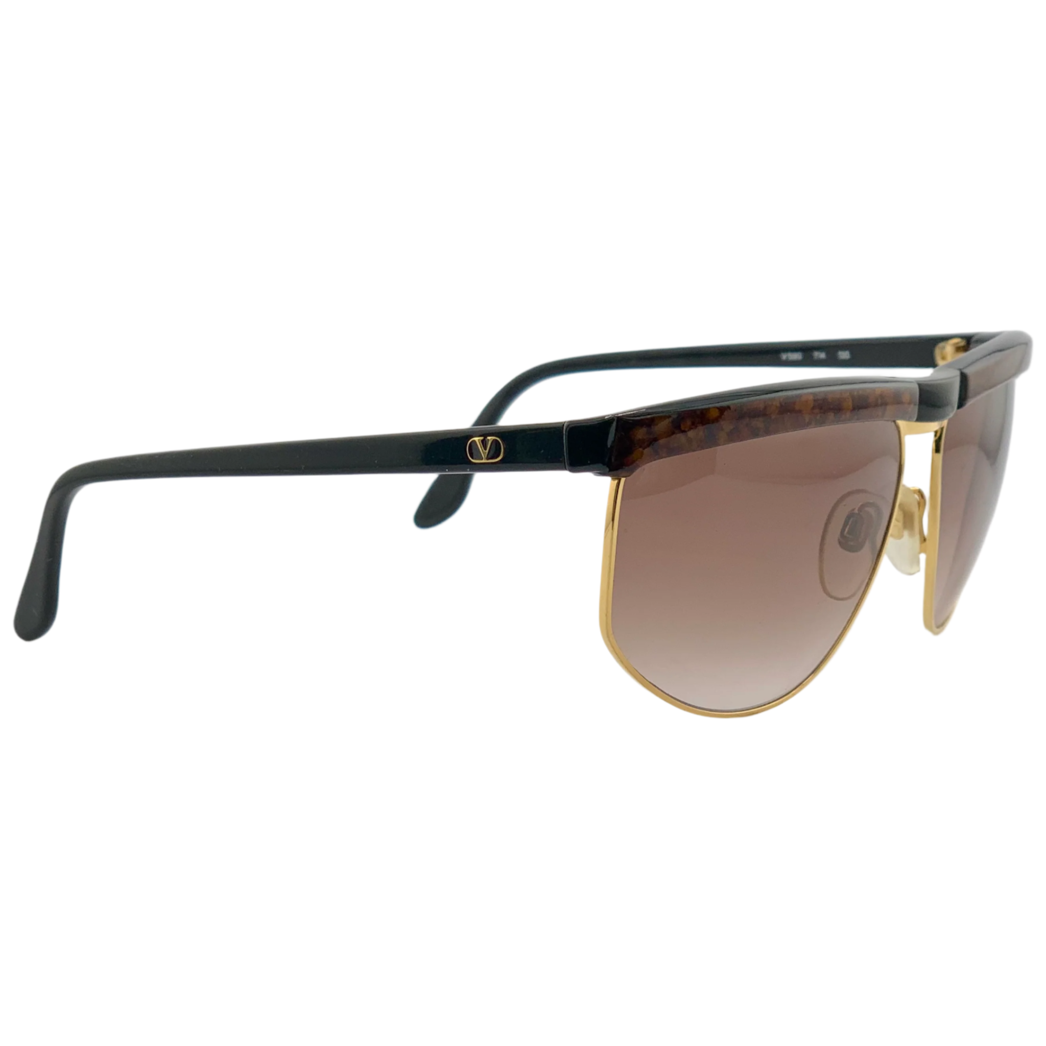 Black oval sunglasses with gold accents and Valentino logo on side