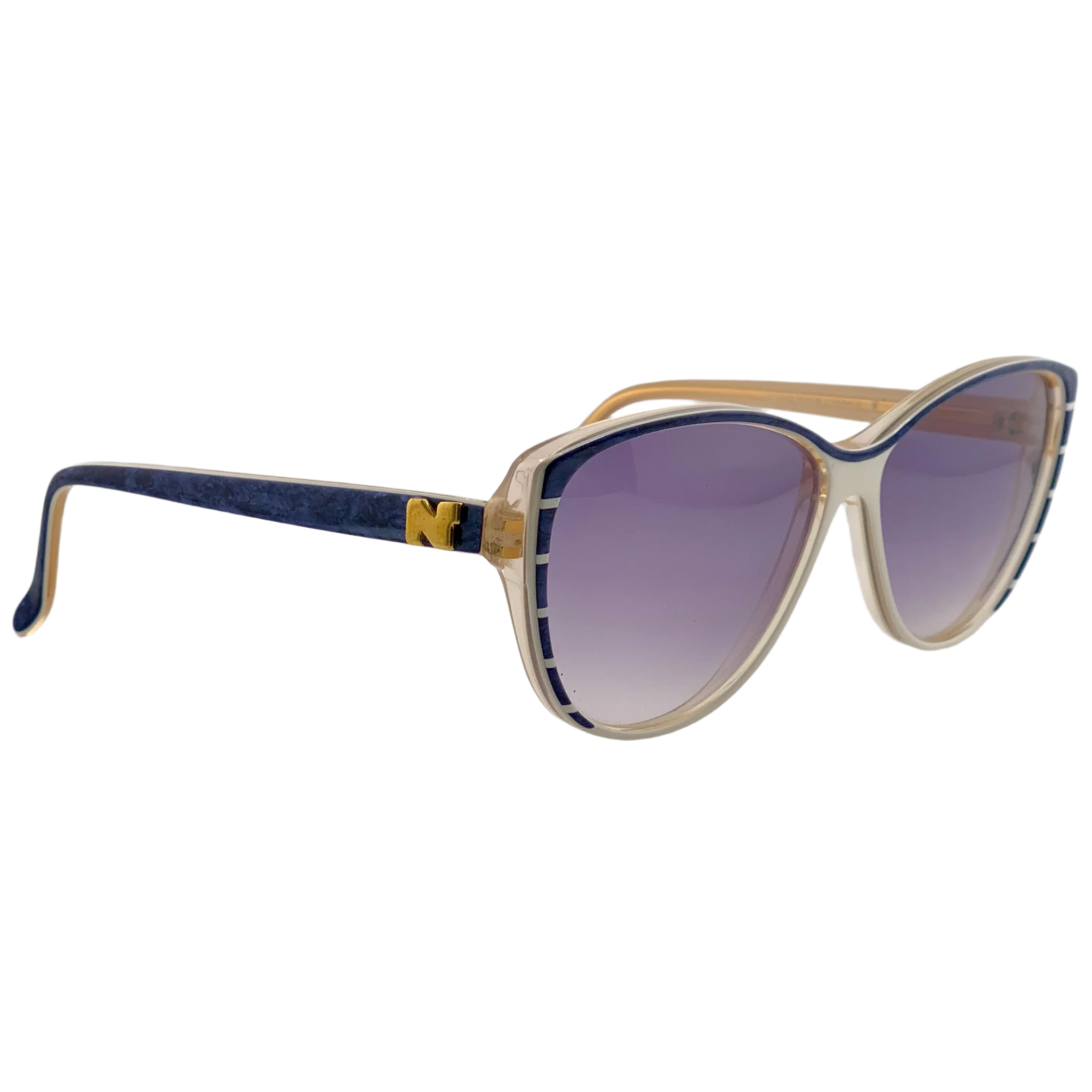  Original vintage Nina Ricci Cat Eye 1032 sunglasses, blue and white frame with purple lenses, made in France, never worn or sold, in superb condition for men and women