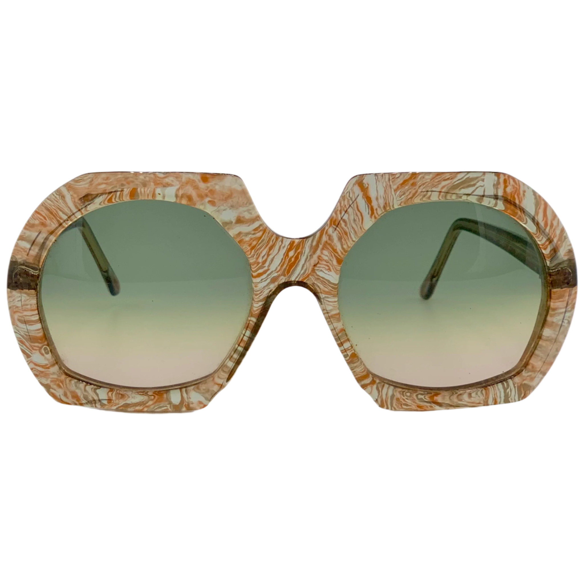 Vintage Oliver Goldsmith Round Addie sunglasses for men and women, brown multi frame, green lens, never worn, made in England