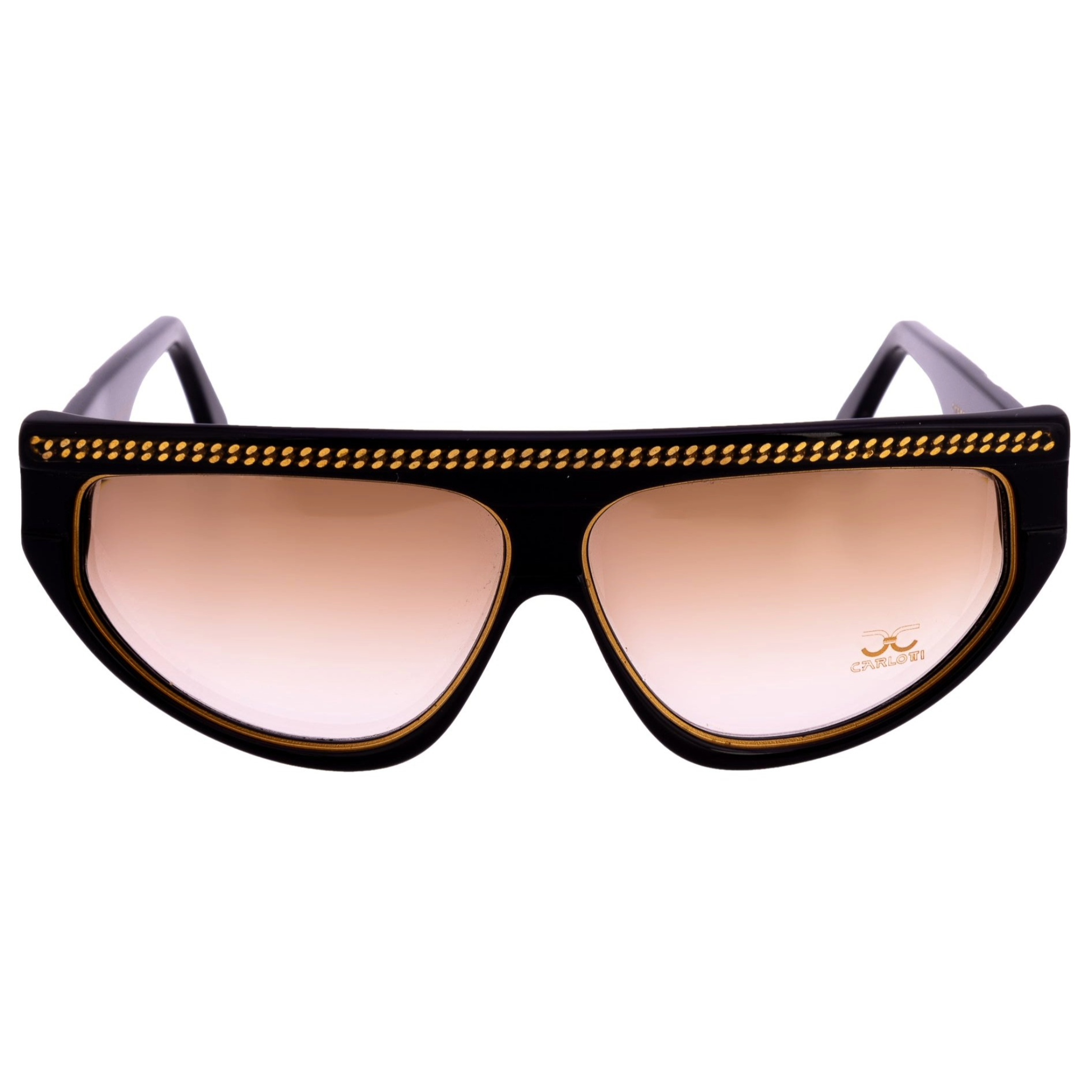 Vintage Claudia Carlotti Cat Eye Stratos CC sunglasses in black/gold frame, brown lens, hand made in France, never worn 