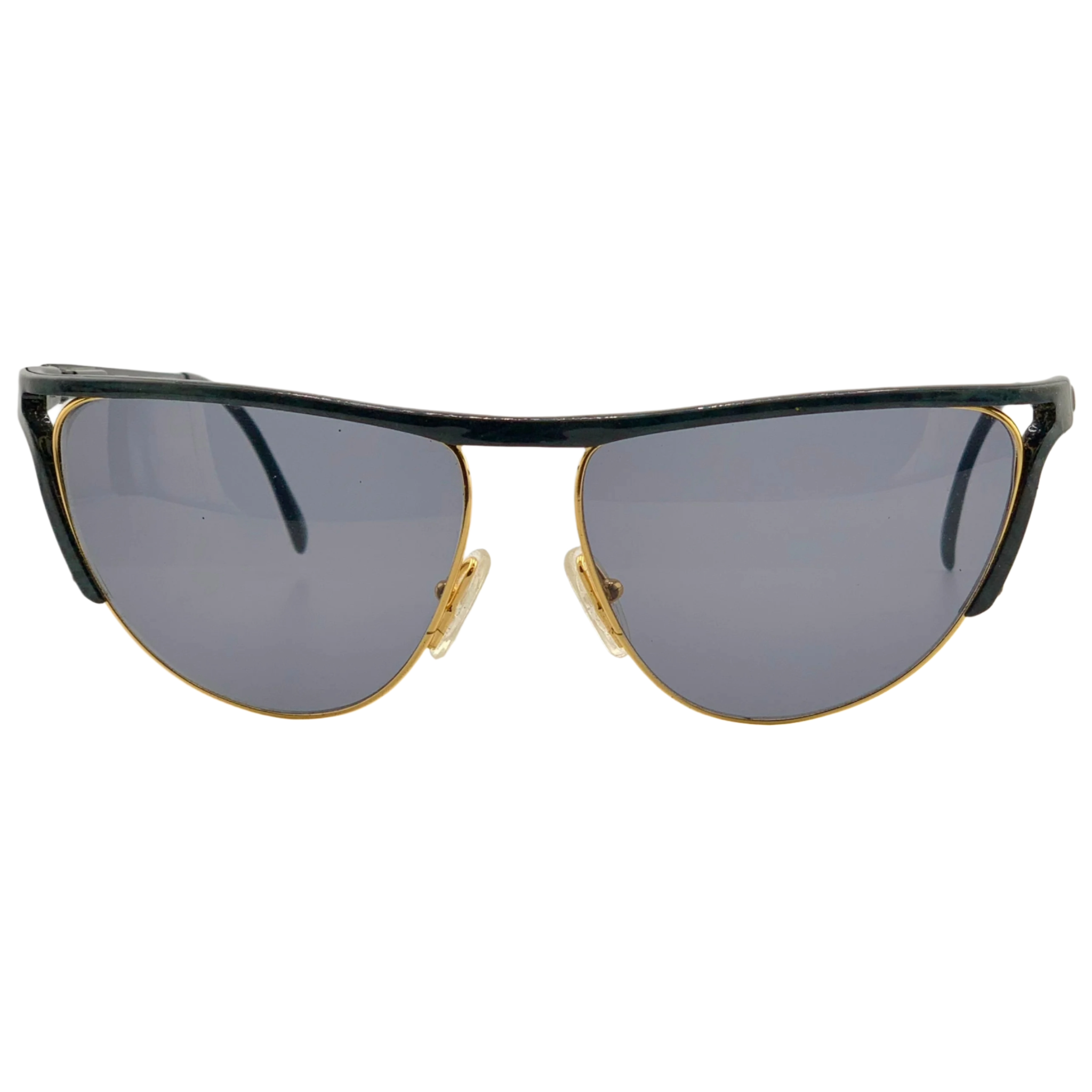 Vintage Gianfranco Ferre cat eye sunglasses in black and gold frame with grey lenses, made in Italy and in superb condition, suitable for both men and women