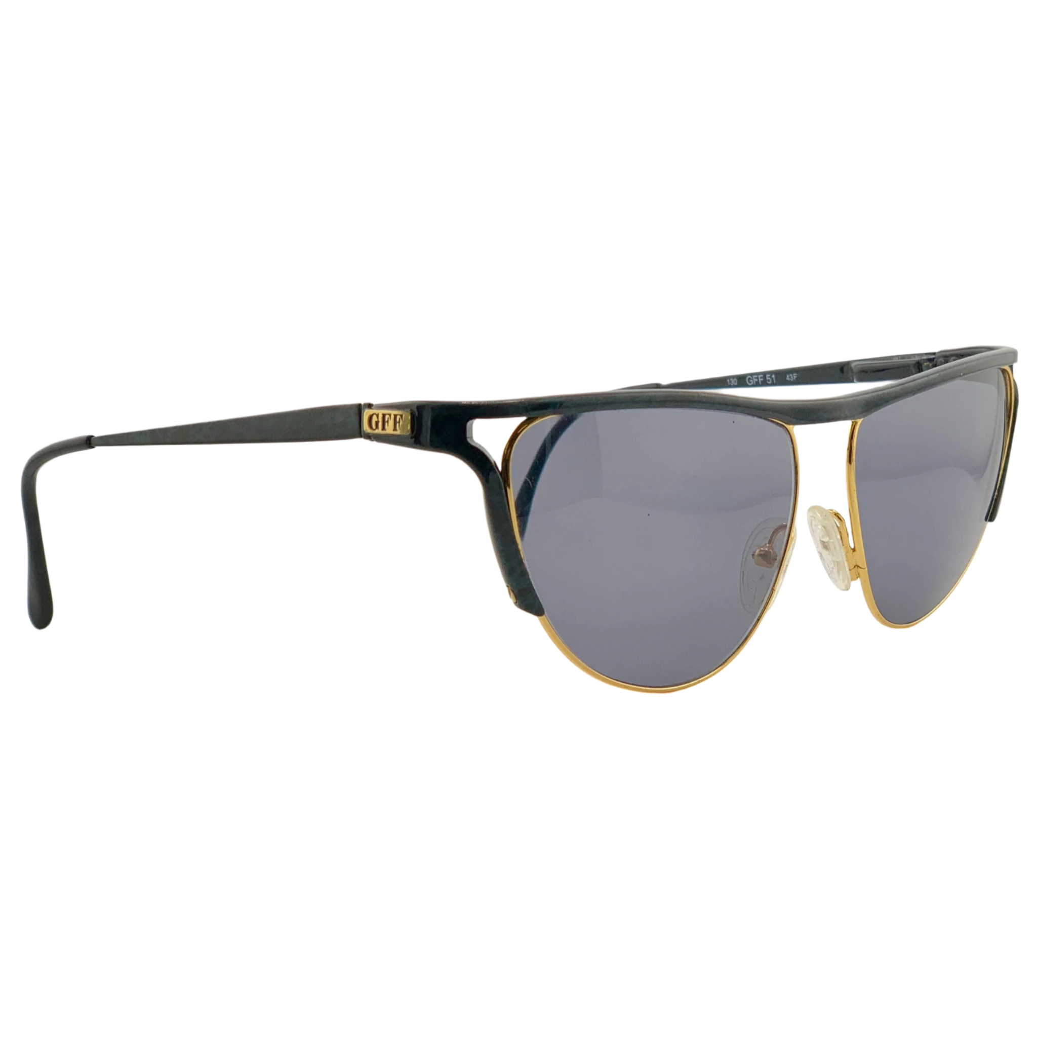 Original vintage Gianfranco Ferre cat eye GFF 51 sunglasses, never before worn or sold, in black and gold frame with grey lenses, made in Italy for both men and women