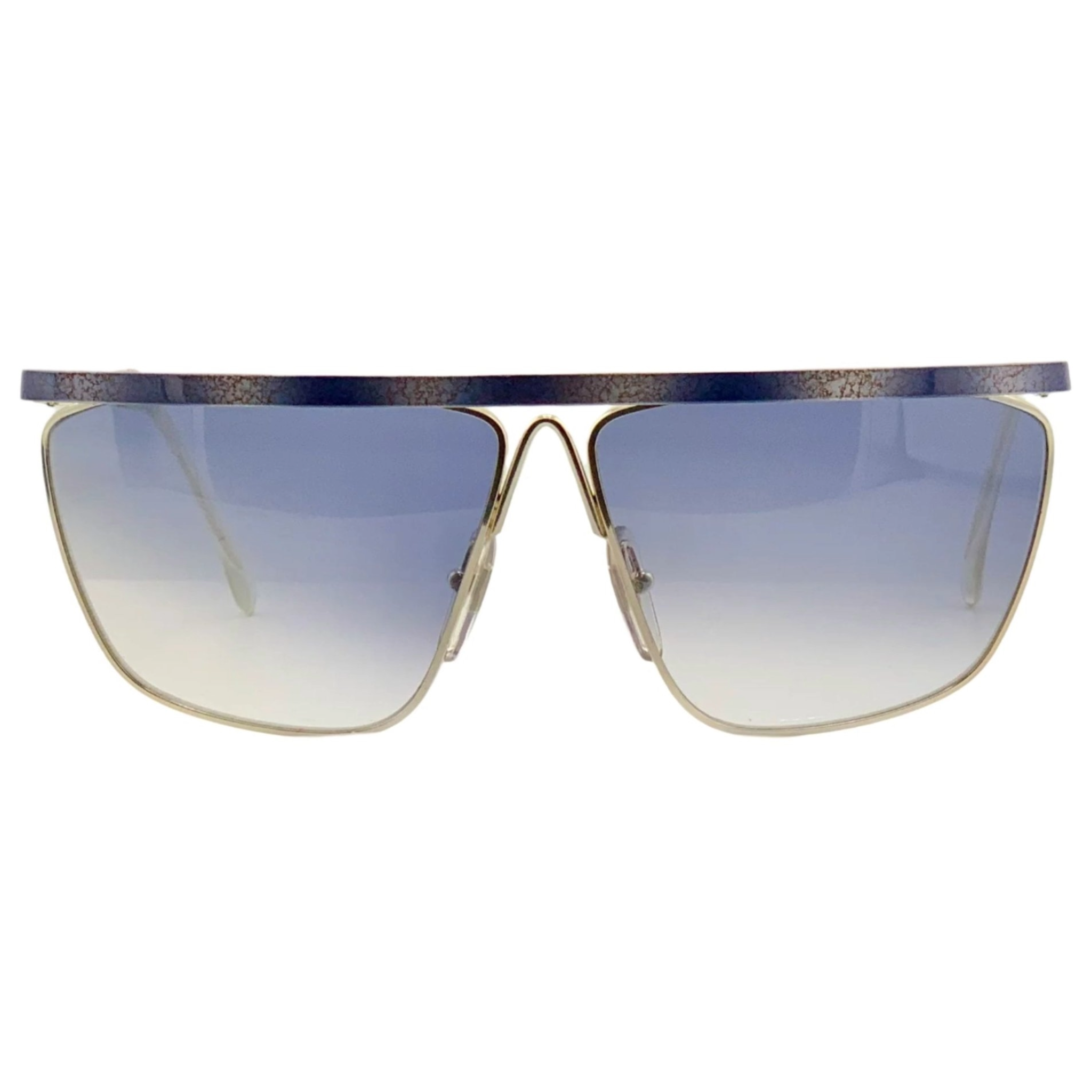 Vintage Laura Biagiotti square sunglasses for men and women, with gold frame and blue lenses, made in Italy and in superb condition, never worn or sold