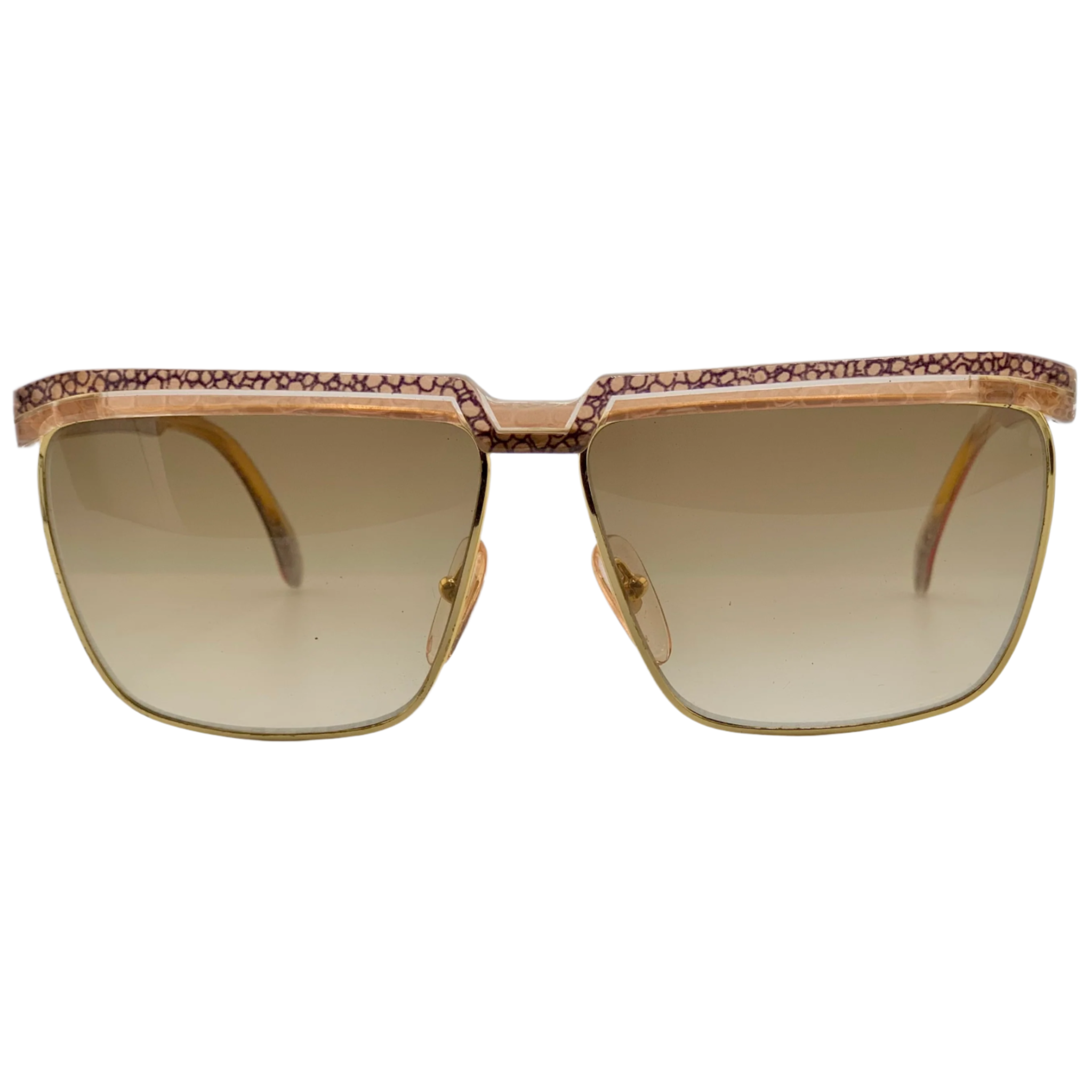 Vintage Laura Biagiotti Square T87 sunglasses for men and women in peach and gold frame with brown lenses, made in Italy and in superb condition, never before worn or sold, authentic and original 