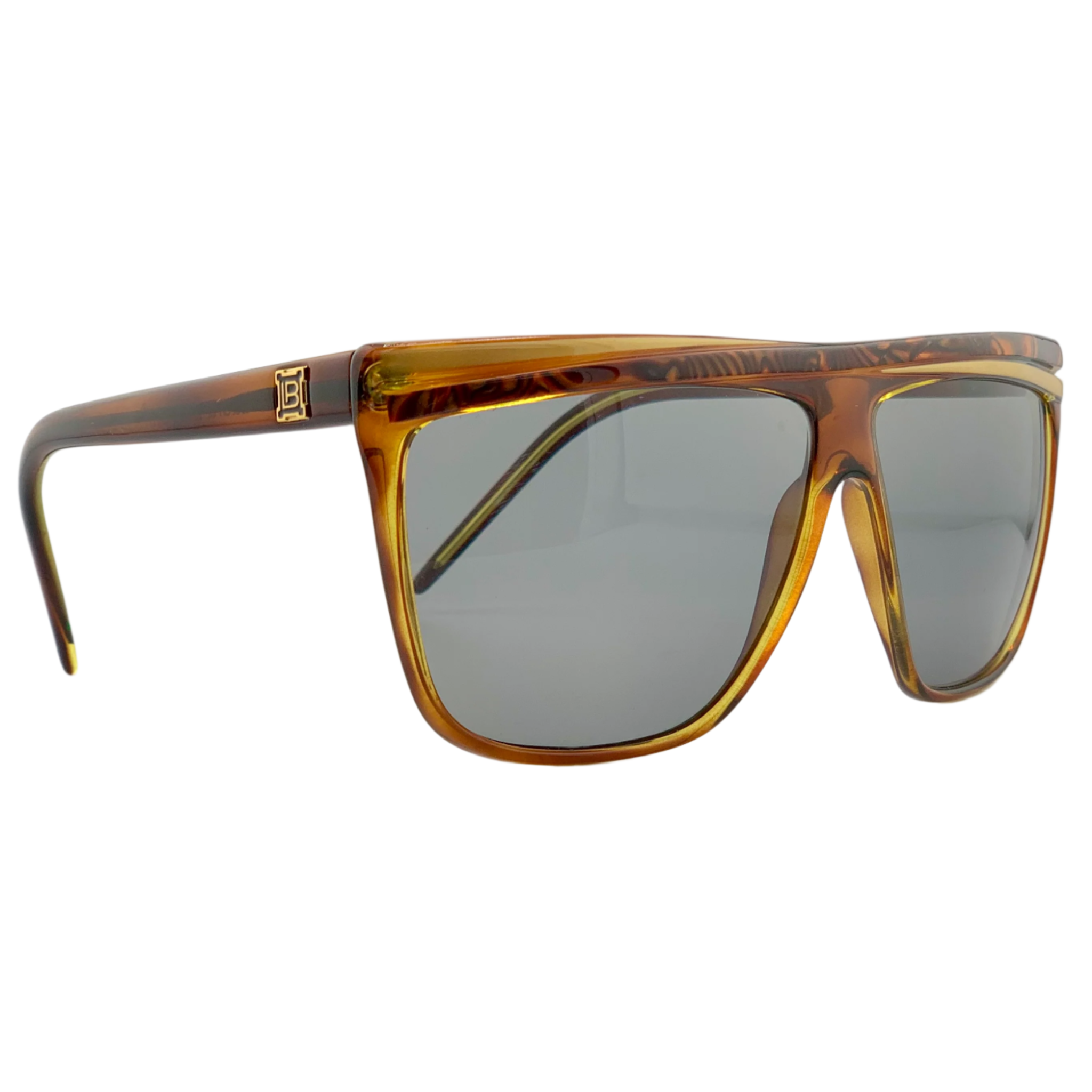 Authentic vintage Laura Biagiotti square sunglasses, suitable for both men and women, featuring a brown/gold frame, grey lenses, and made in Italy, in pristine condition, never worn or sold