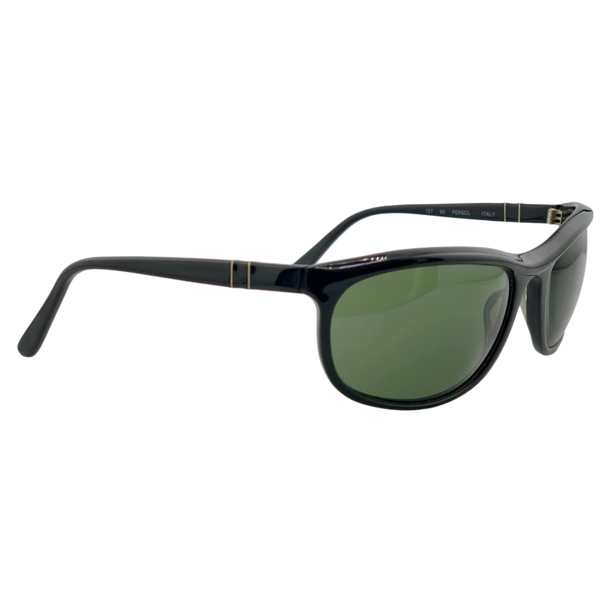 Black oval Persol sunglasses with silver details and polarized lenses