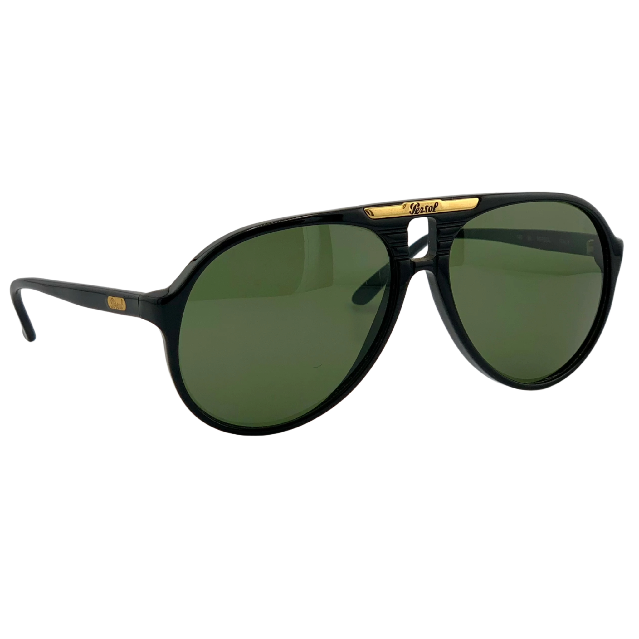 Close-up of authentic Persol Aviator 0697 sunglasses in black frame and green lenses, made for both men and women, never worn or sold, with 100% UV protection