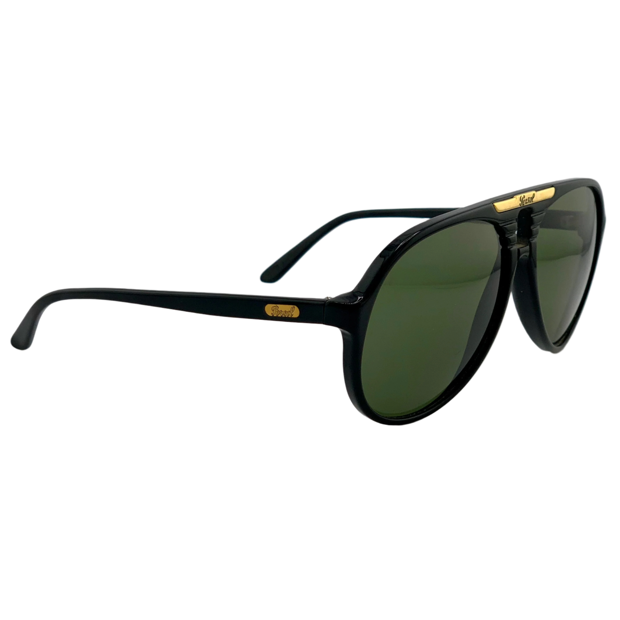 High-quality image of vintage Persol Aviator 0697 sunglasses, black frame, green lenses, made in Italy with 100% UV protection, never before worn or sold