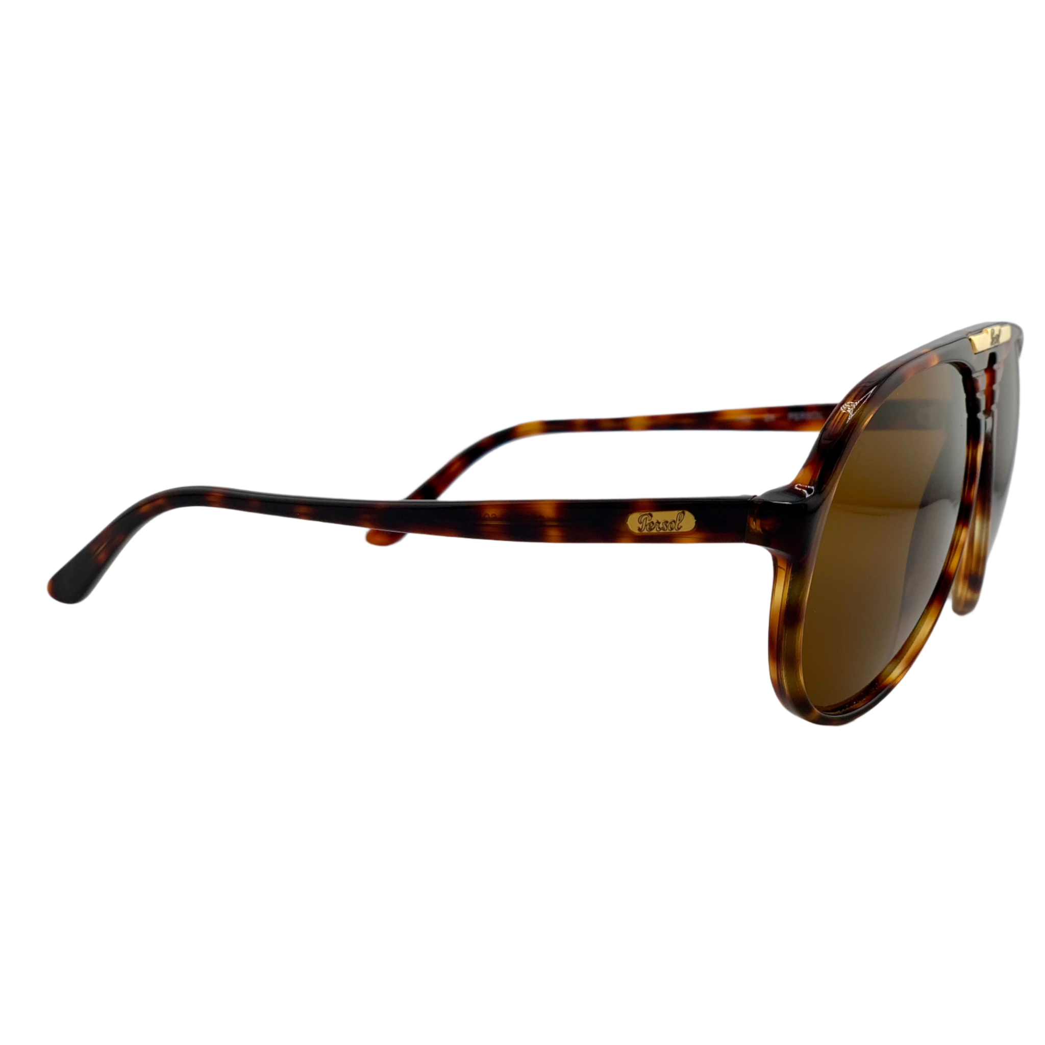 Vintage Persol Aviator 0697 sunglasses with tort frame, brown lens, and 100% UV protection, made in Italy for men and women