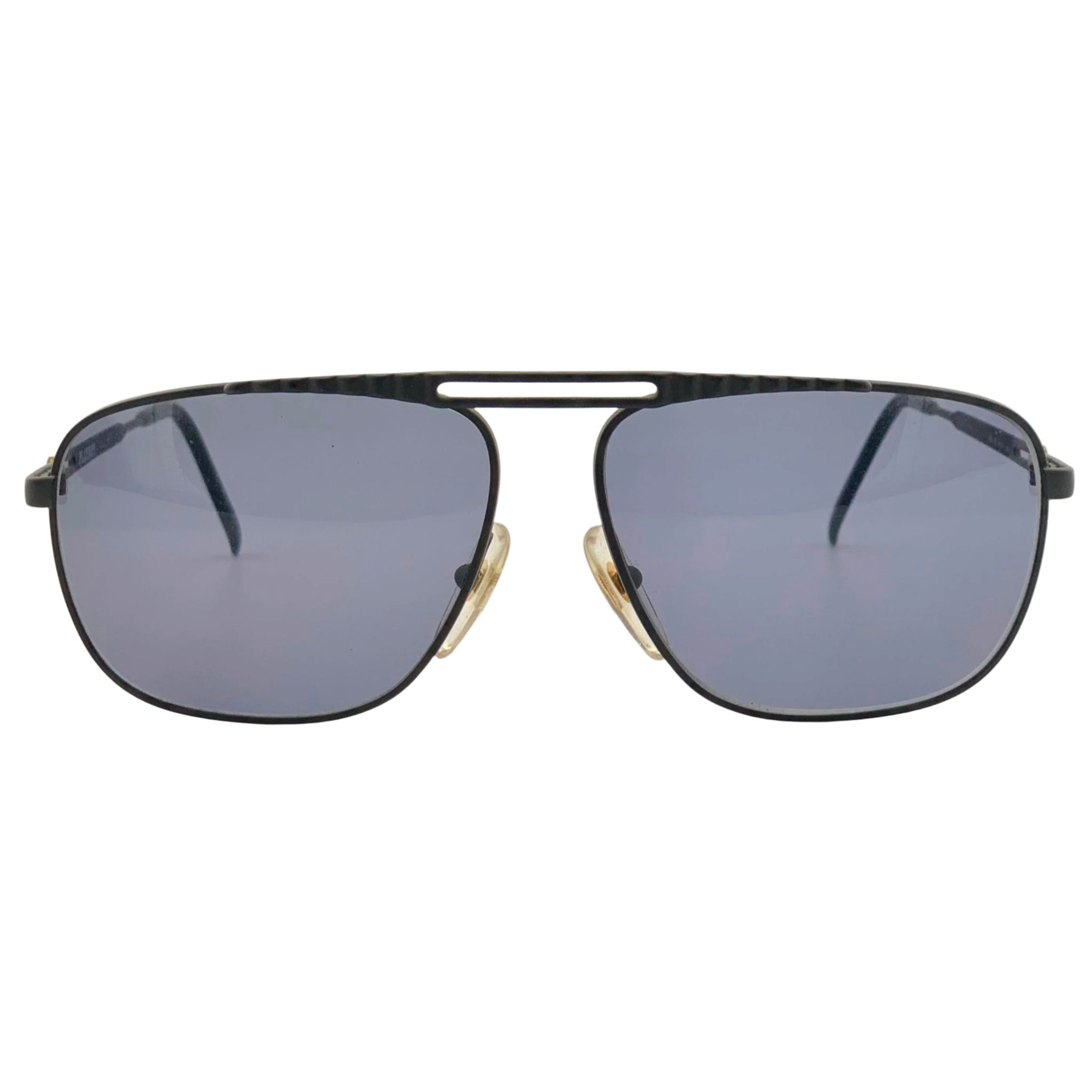 Black aviator sunglasses with gold trim and Playboy logo on lens