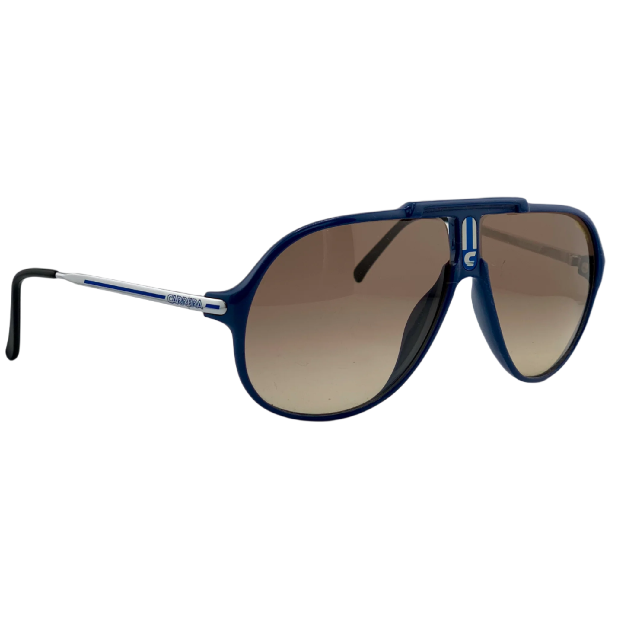  Authentic Carrera Aviator 5590 50 sunglasses with blue frames and brown lenses, providing 100% UV protection and made in Austria, never before worn or sold, in excellent condition 