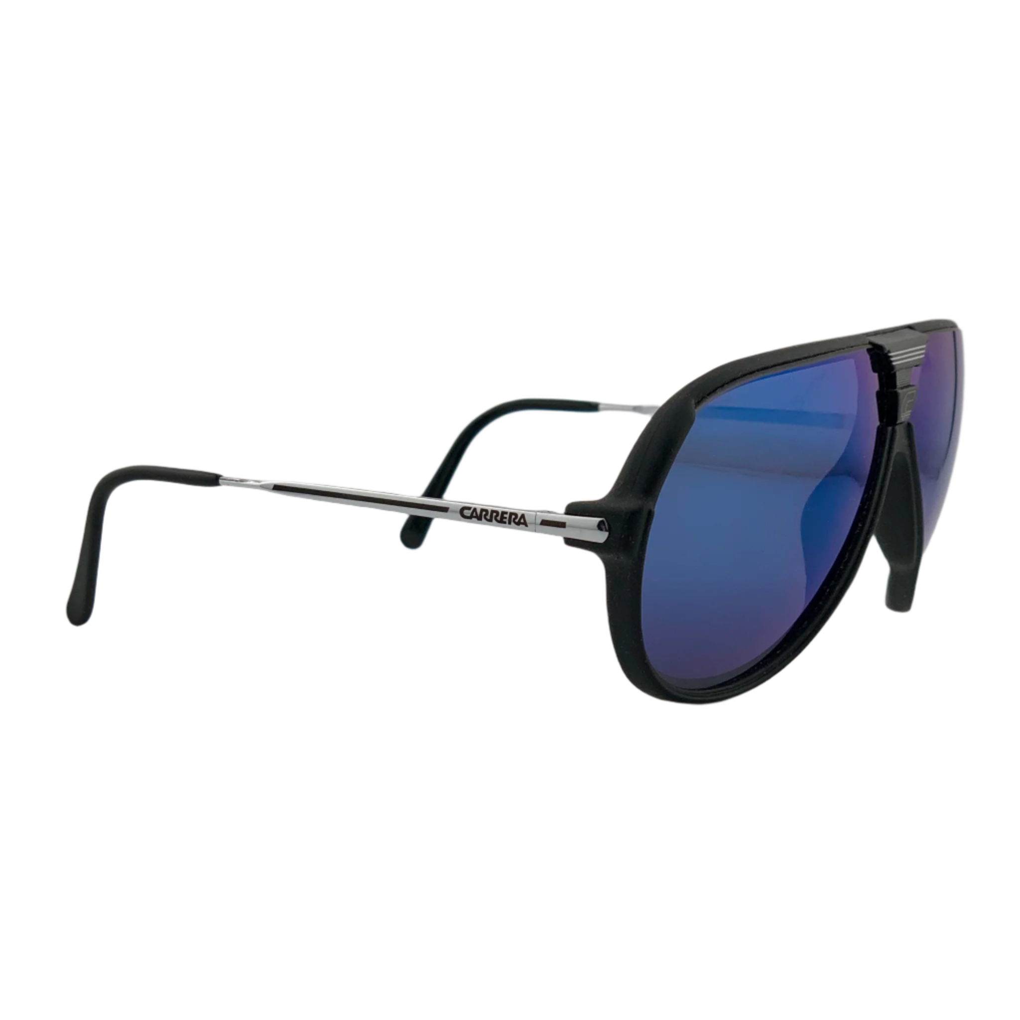 High-quality image of Carrera Aviator 5593 90 sunglasses, featuring the black frame and blue mirror lenses, made in Austria for 100% UV protection