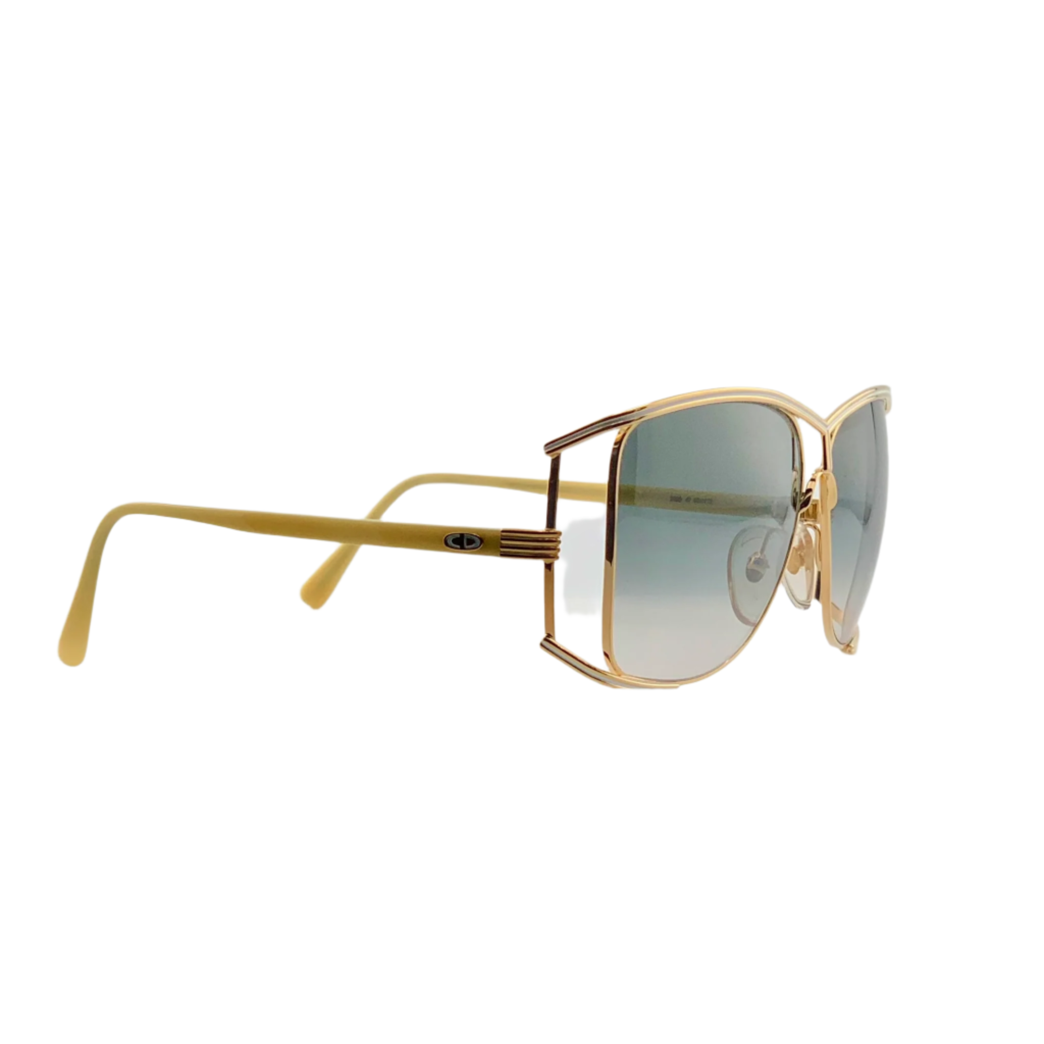 Vintage Christian Dior Square 2688 47 women's sunglasses in gold, cream, and red frame with green lenses made in Germany