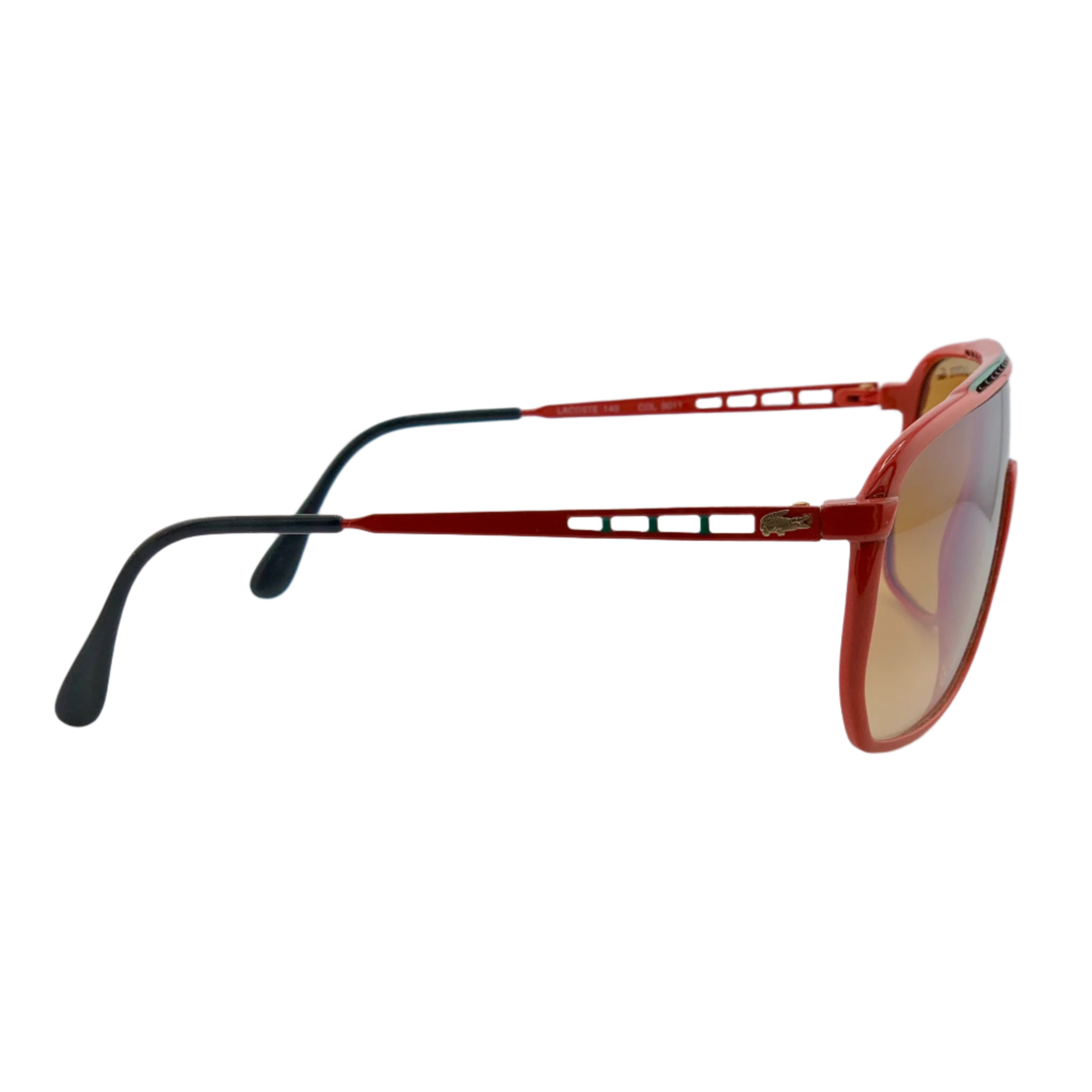 Authentic vintage Lacoste Aviator 140 sunglasses with red frames and brown lenses, perfect for men and women, in pristine condition and never before worn