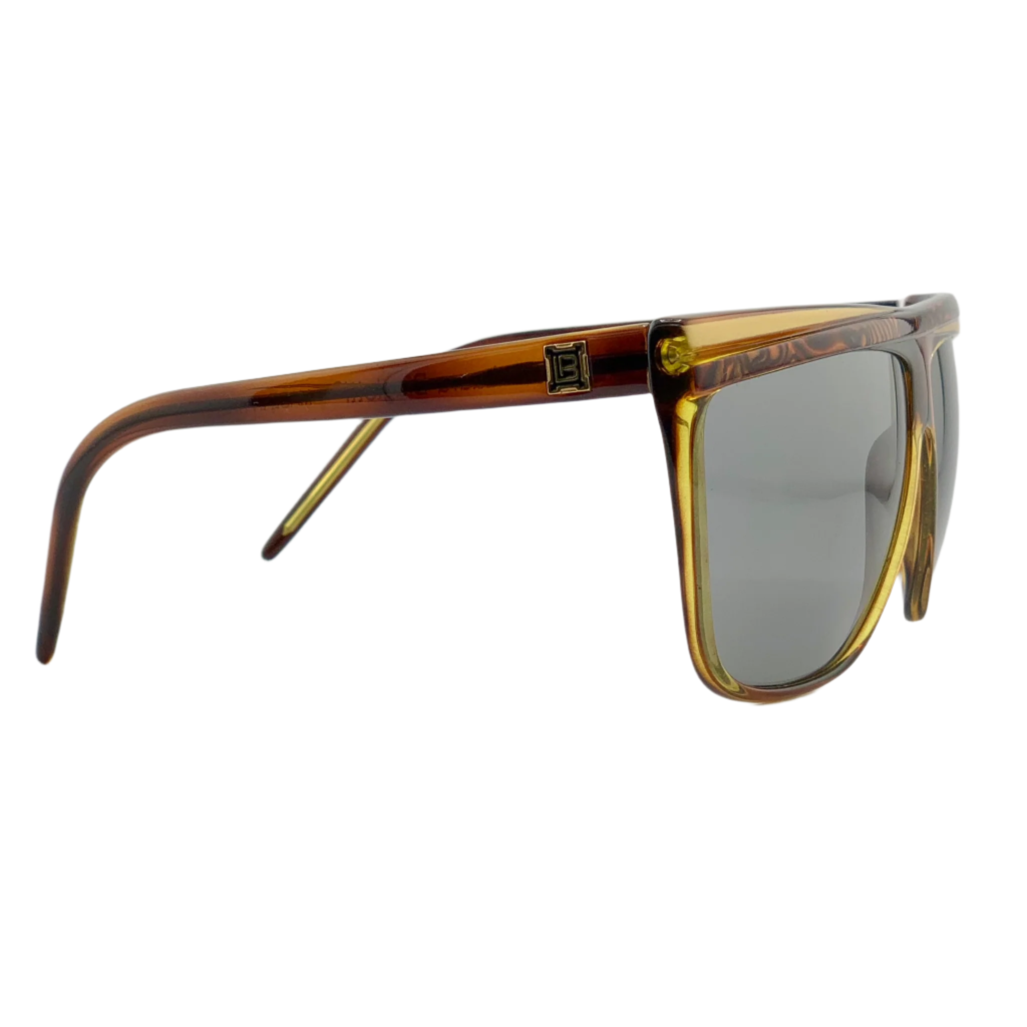 Vintage Laura Biagiotti square sunglasses for men and women in brown and gold frame with grey lenses, made in Italy and in superb condition, never before worn or sold, selling an original