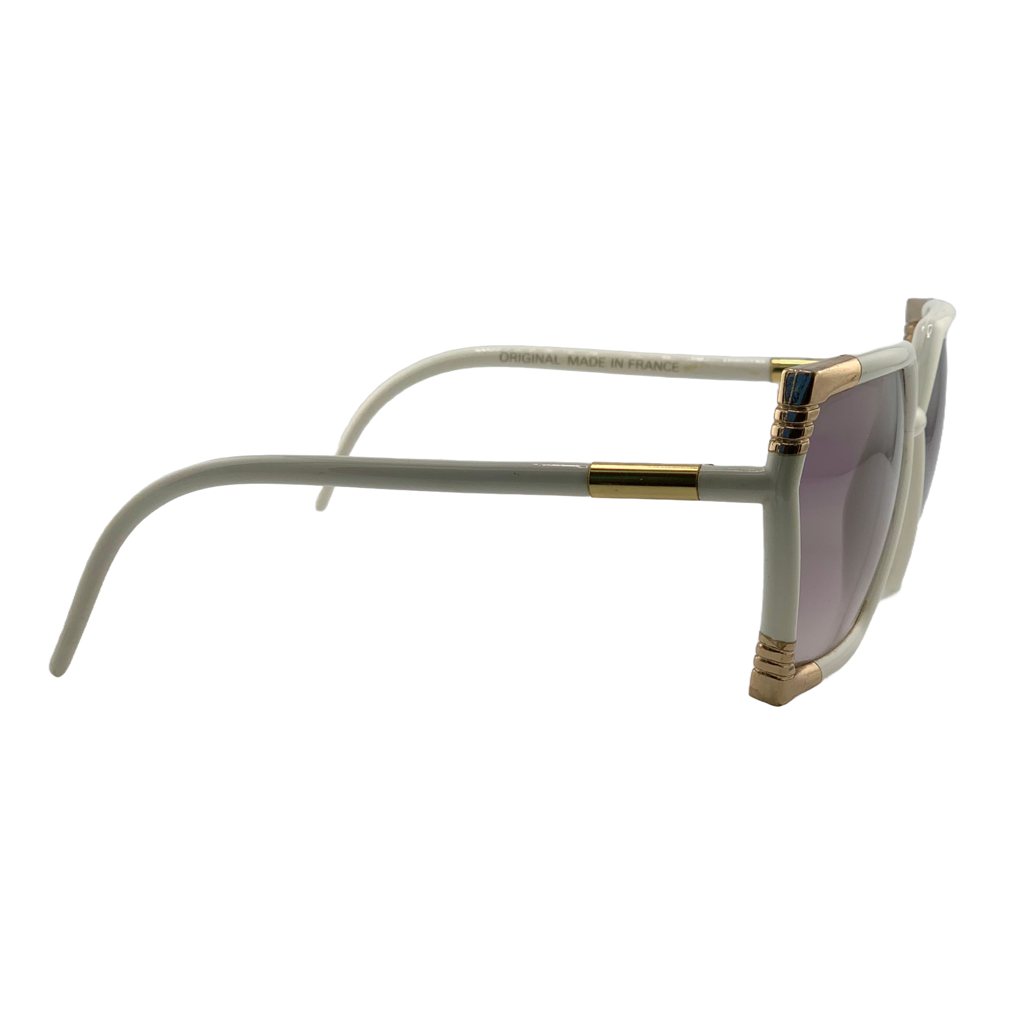 Vintage white and gold framed Ted Lapidus Square sunglasses for men and women, with purple lenses, made in France and in superb condition, never worn or sold 