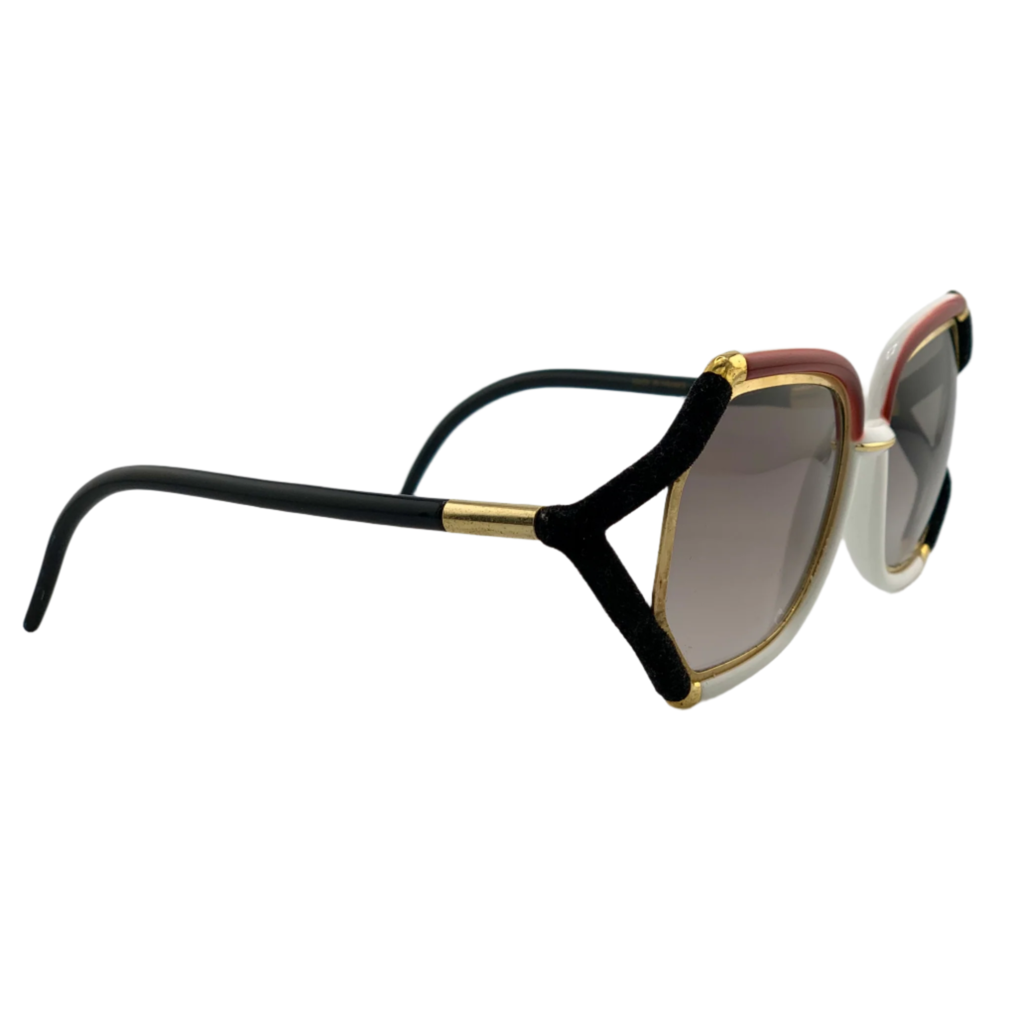 Vintage Ted Lapidus Square TL1026 sunglasses in white, black, red and gold with brown lenses, made for men and women, never worn or sold, in superb condition, made in France