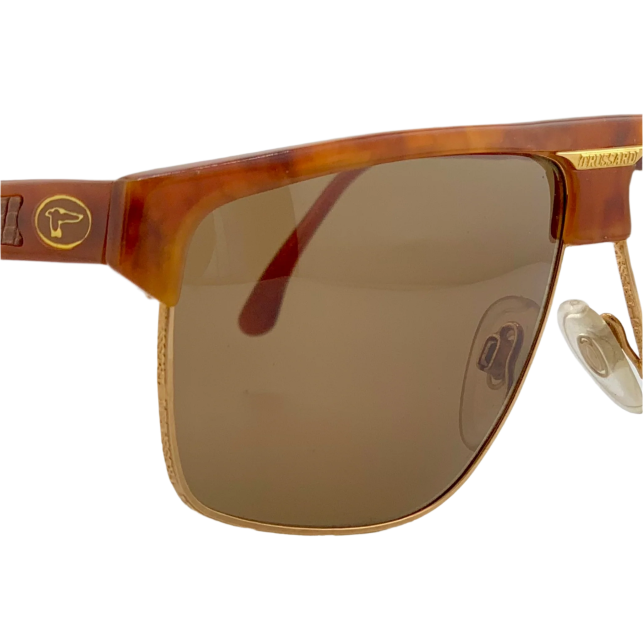 Vintage Trussardi Clubmaster 02093 sunglasses for men and women, made in Italy with a brown/gold frame and brown lenses, in superb condition, never before worn or sold, authentic and original 