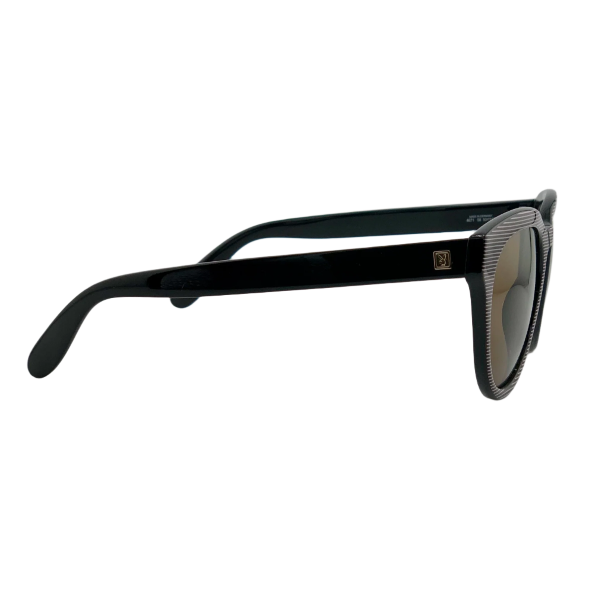 Black and gold round sunglasses with Playboy logo on the side