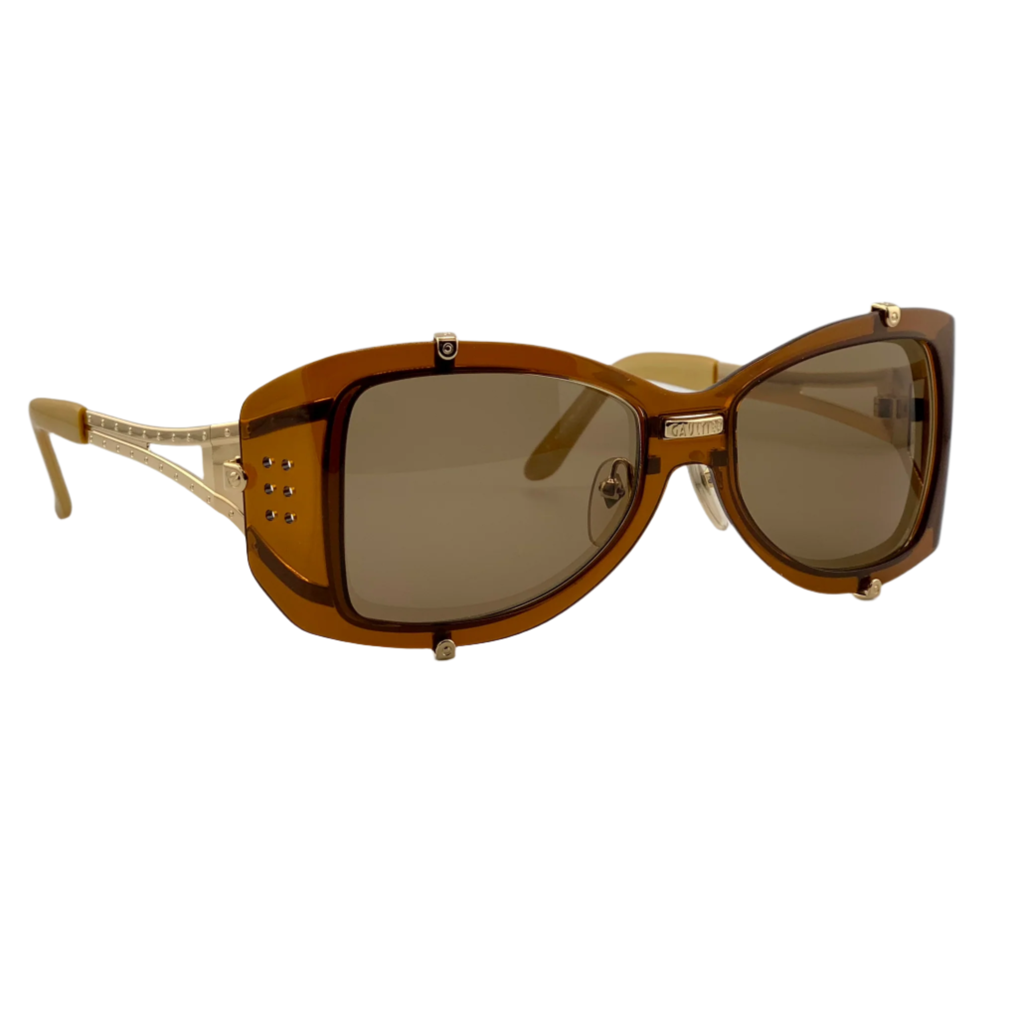 Close-up of the brown lenses on Jean Paul Gaultier Square 56-6204 sunglasses