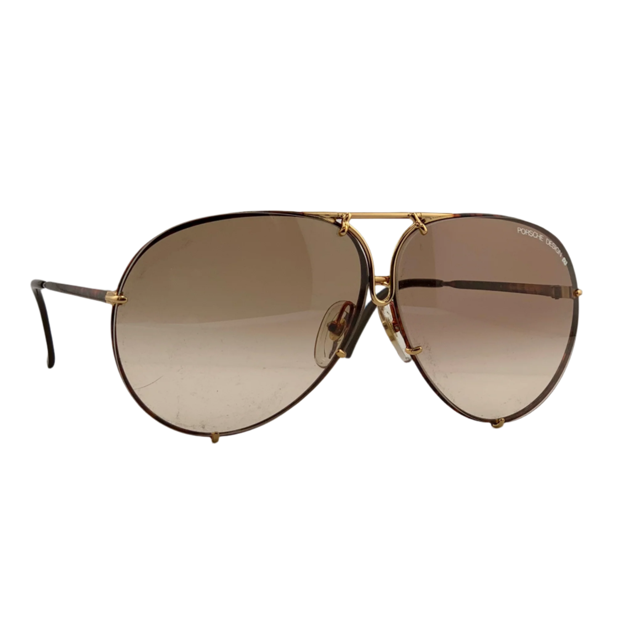 Vintage-inspired black aviator sunglasses with silver detailing and Porsche logo