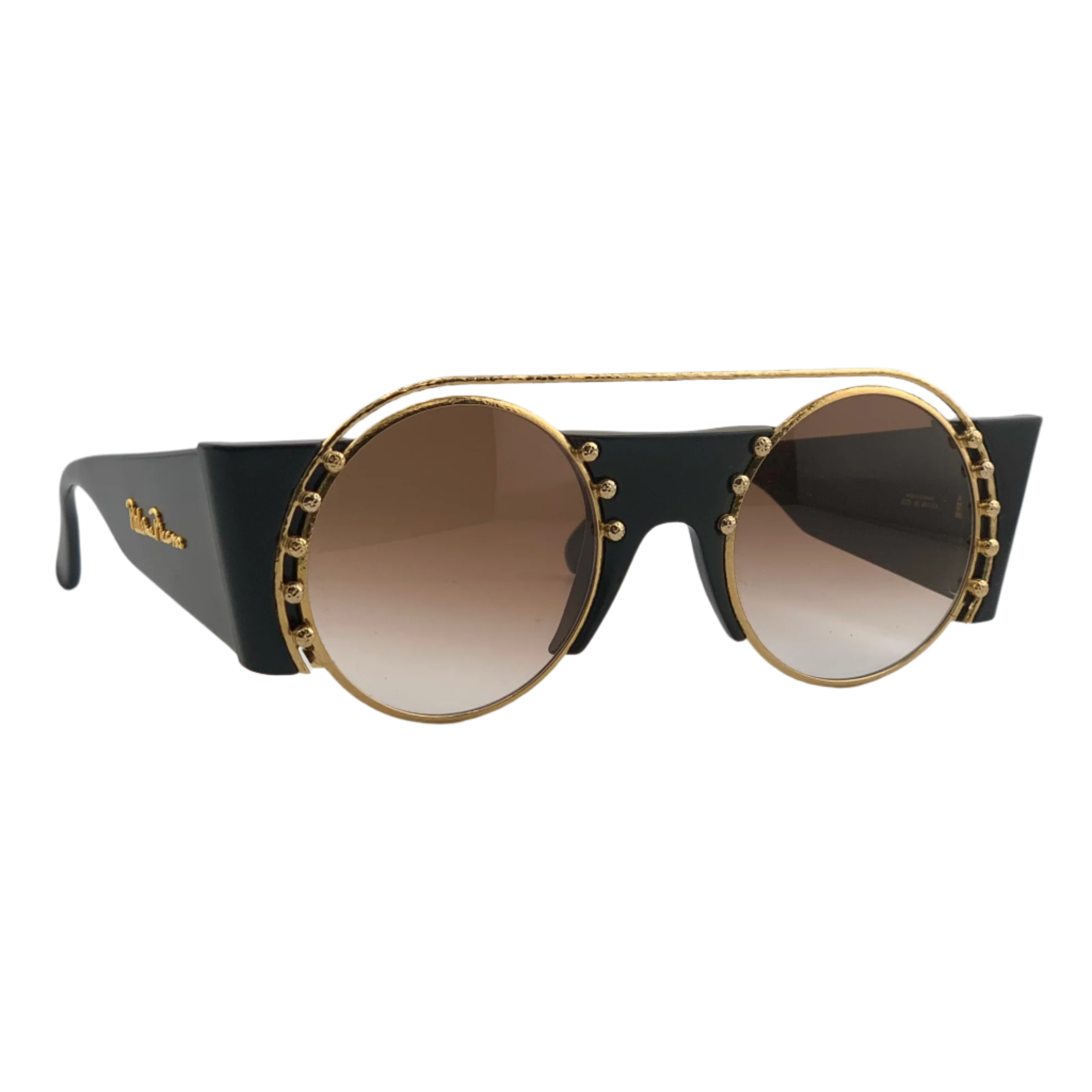 Black round sunglasses with gold detailing by Paloma Picasso