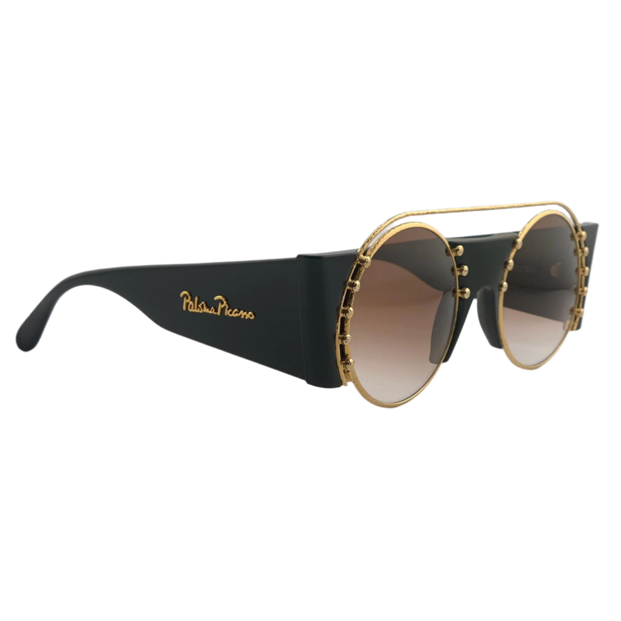 Black round sunglasses with gold detailing by Paloma Picasso