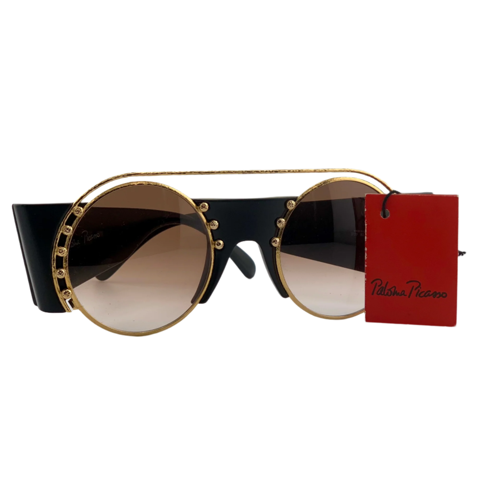 Black round sunglasses with gold detailing and PALOMA PICASSO branding