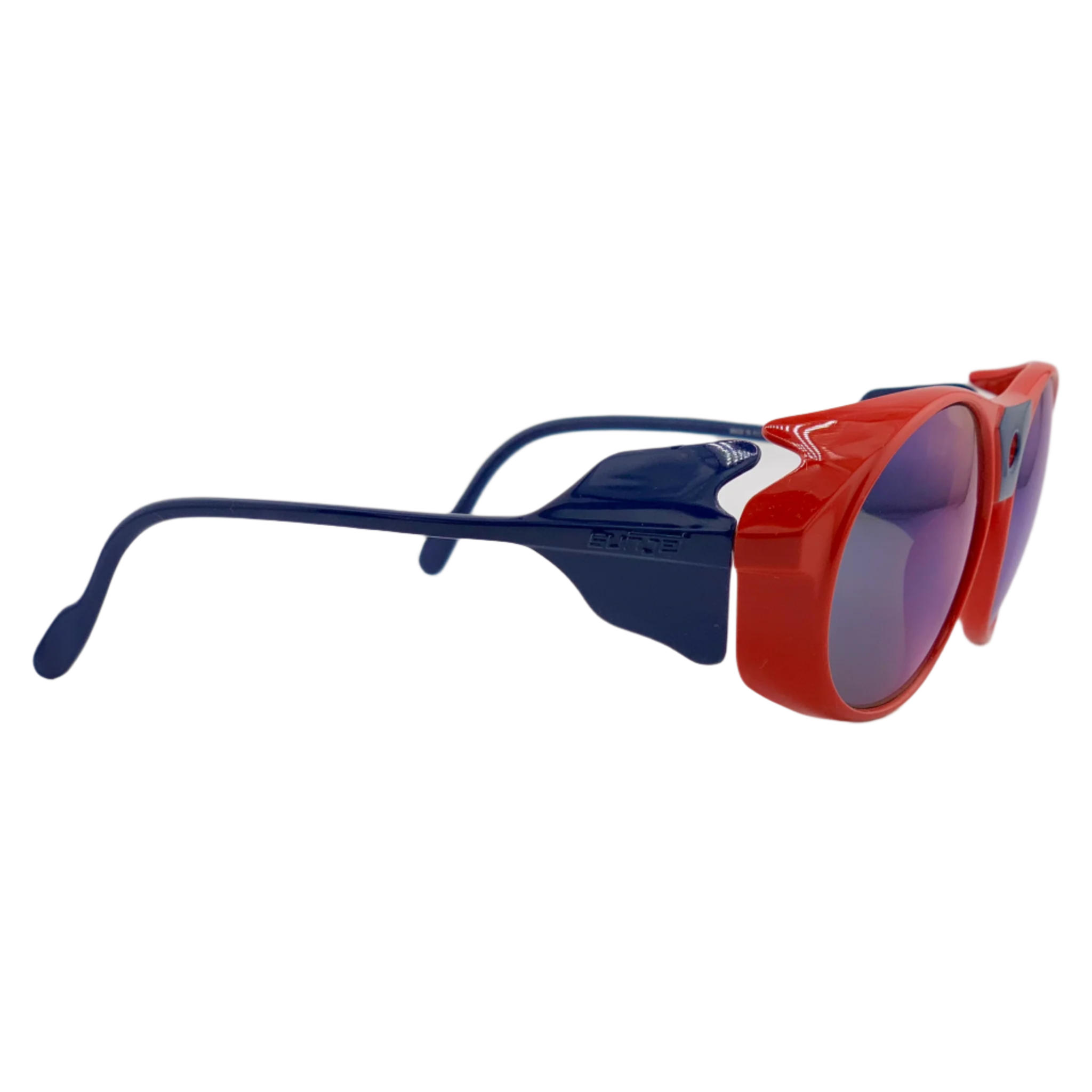 Original vintage Carrera Round 5246 30 sunglasses for men and women, made in Austria with red/blue frame, blue mirror lenses, and 100% UV protection