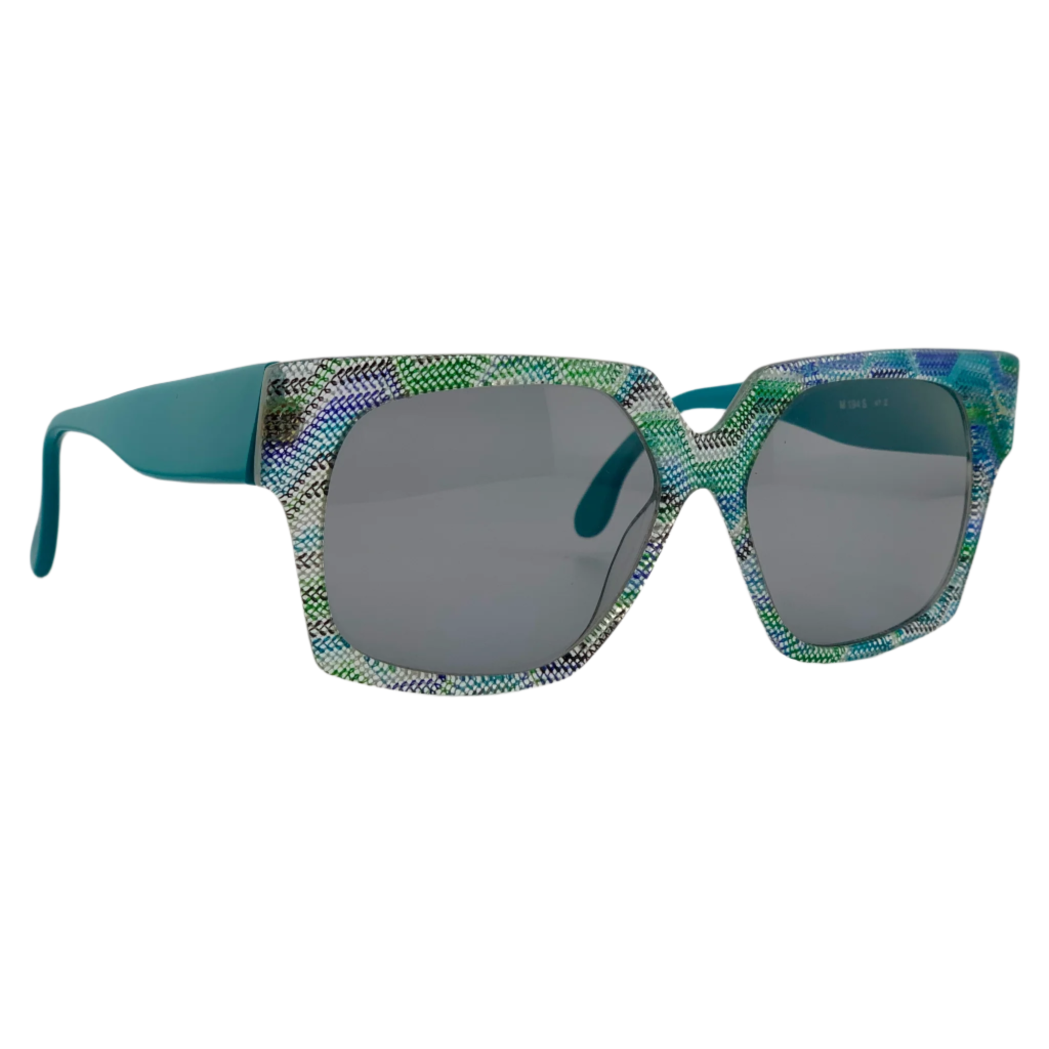 Close up of vintage Missoni Square M194S sunglasses with blue and green mix frame and grey lenses, made in Italy