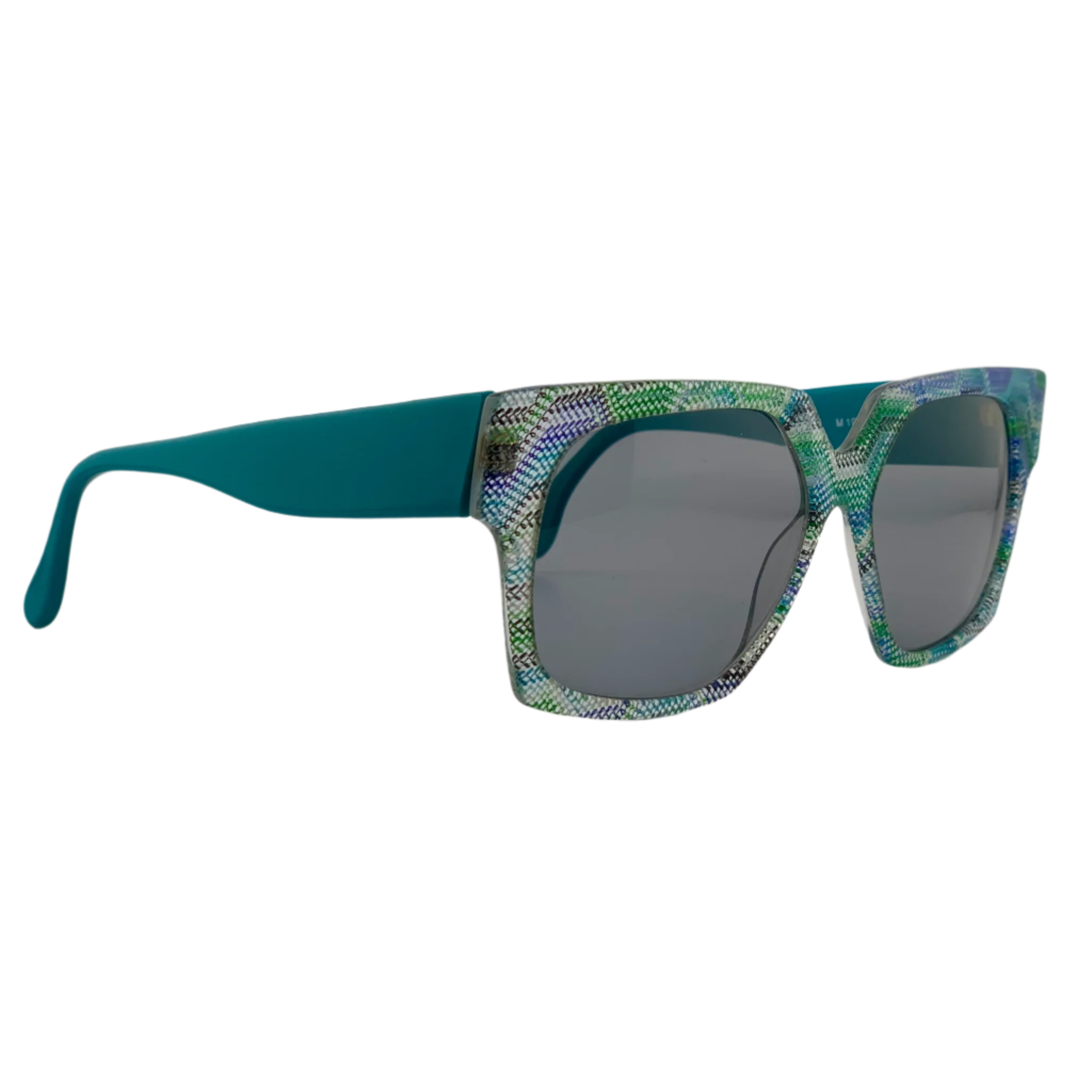 Detailed view of the blue and green mix frame and grey lenses of vintage Missoni Square M194S sunglasses, made in Italy