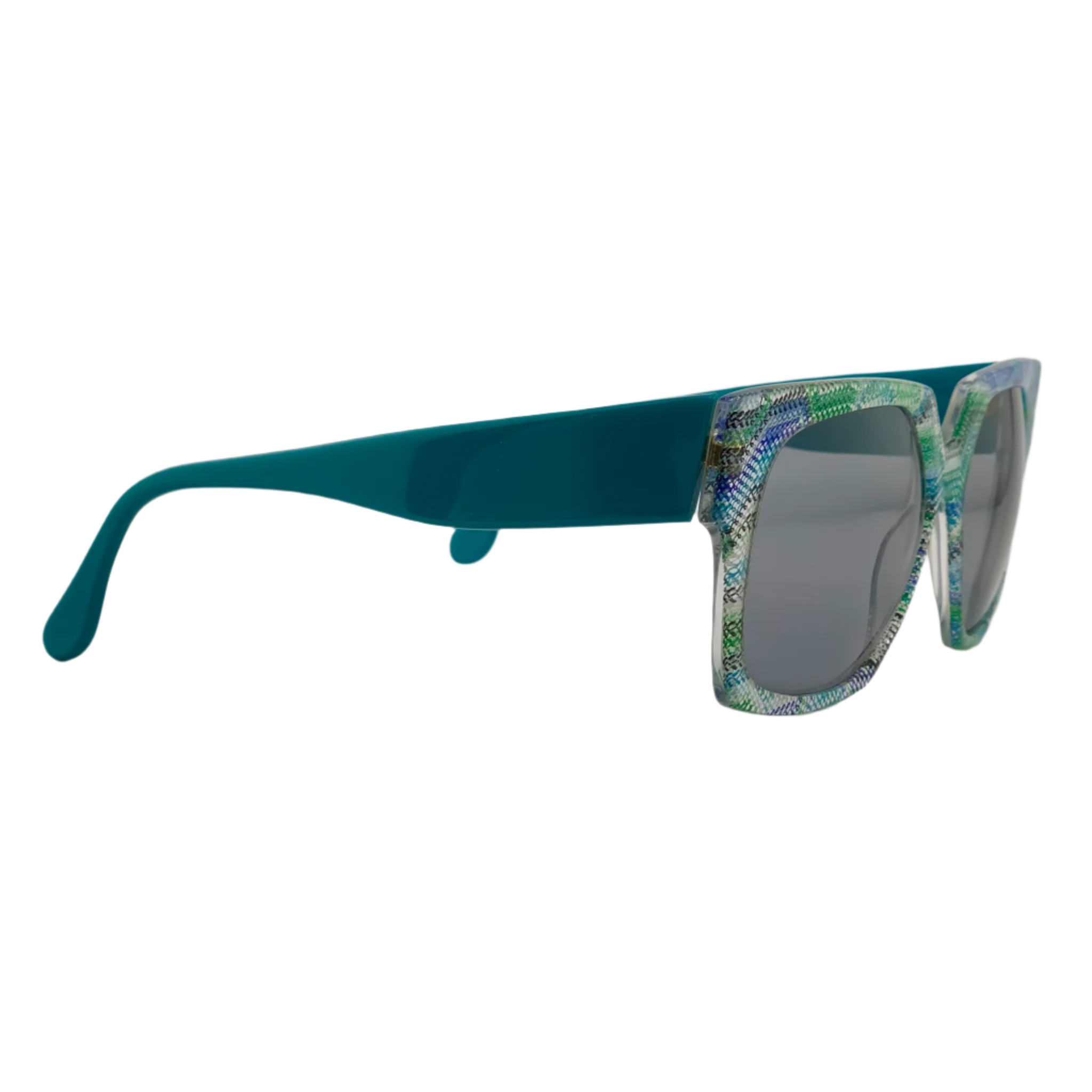 Side view of vintage Missoni Square M194S sunglasses with blue and green mix frame and grey lenses, made in Italy