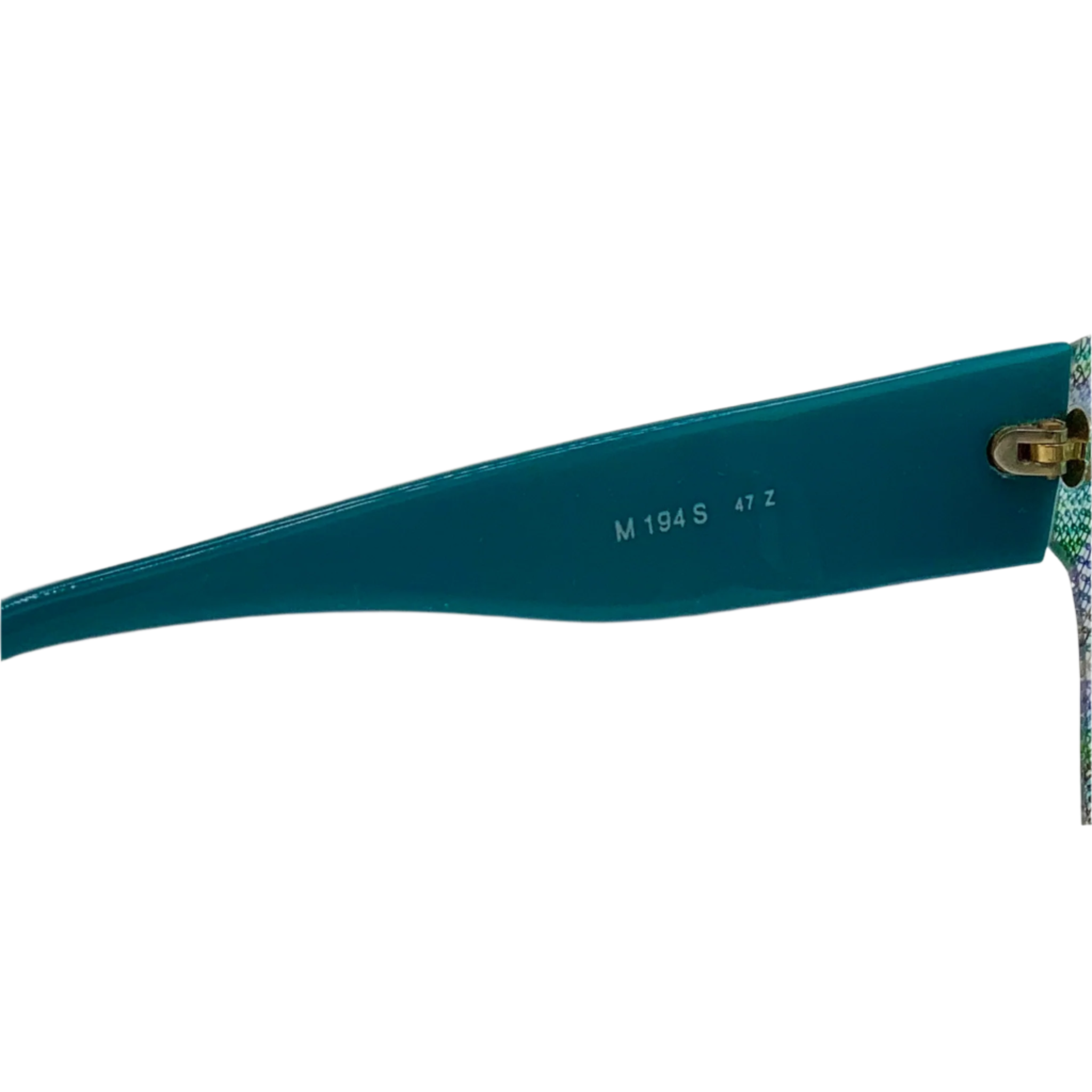 Top view of vintage Missoni Square M194S sunglasses in blue and green mix frame with grey lenses, never before worn or sold, in superb condition