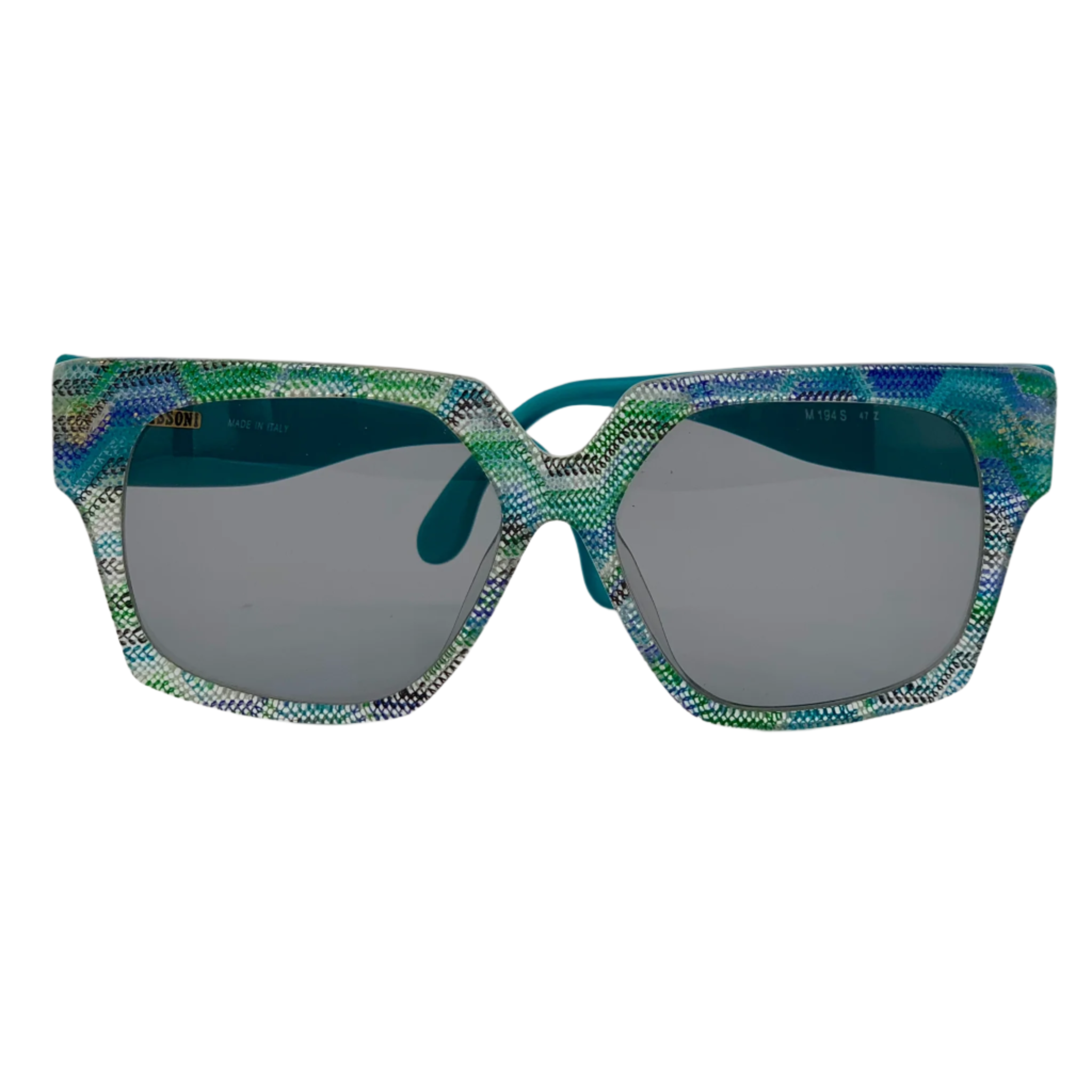 Bottom view of authentic vintage Missoni Square M194S sunglasses with blue and green mix frame and grey lenses, made for men and women, 100% UV protection, and made in Italy