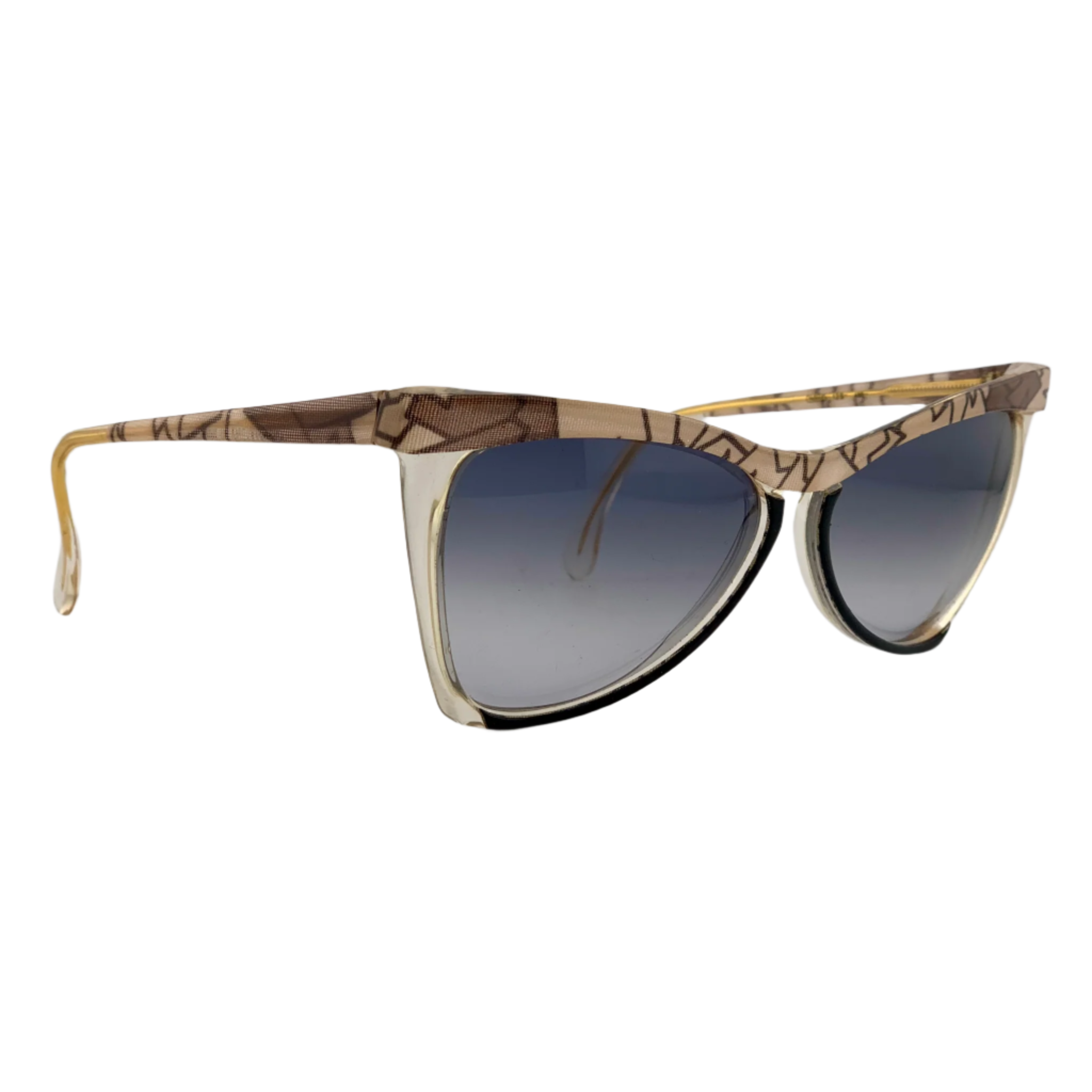Authentic Vintage Metal Vista Cat Eye sunglasses made in Italy with beige and black frame and blue lenses